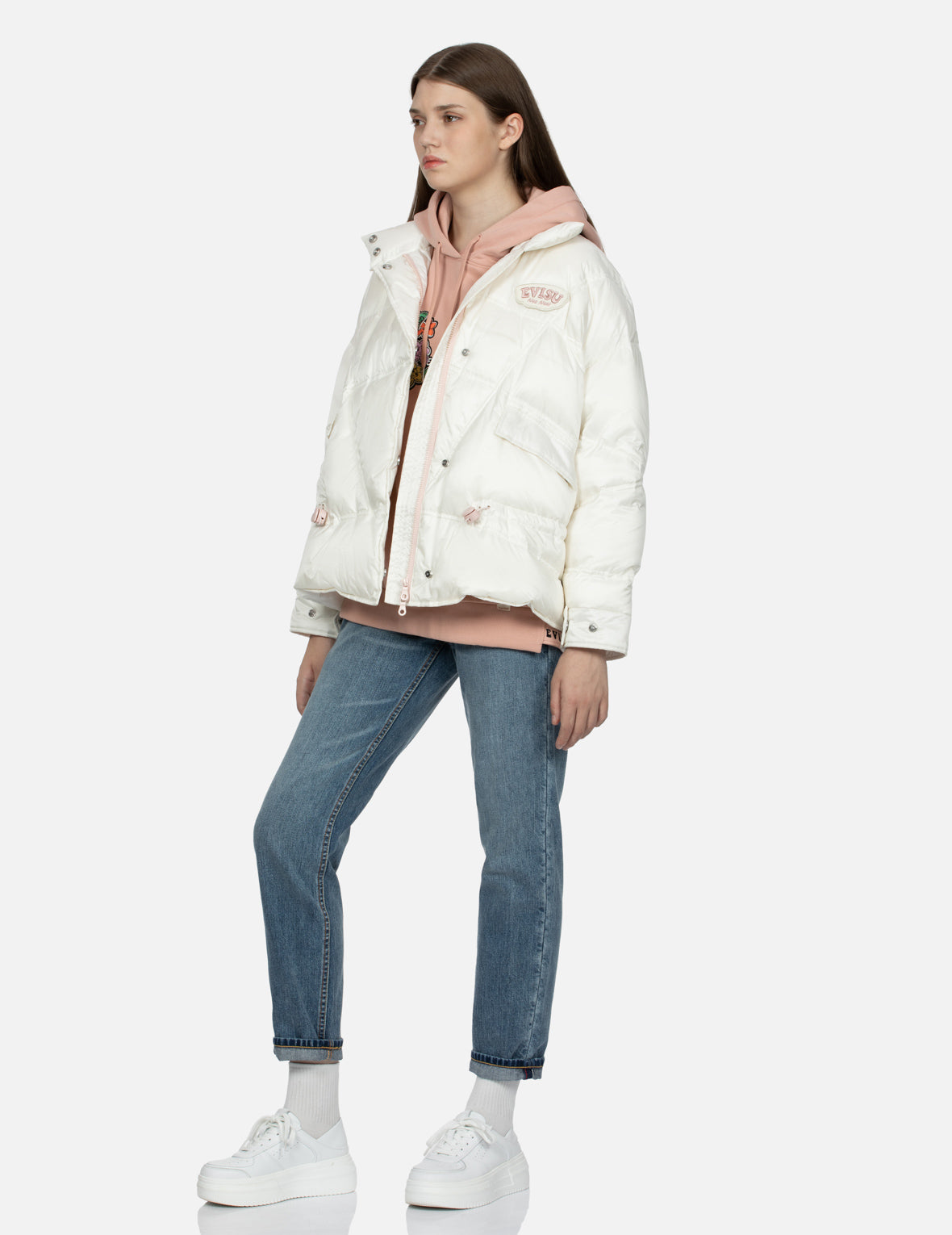 Logo & Daruma Heart Embroidered Badges Fashion Down Jacket for Women - Warm Winter Coat for Casual Outfits & Streetwear