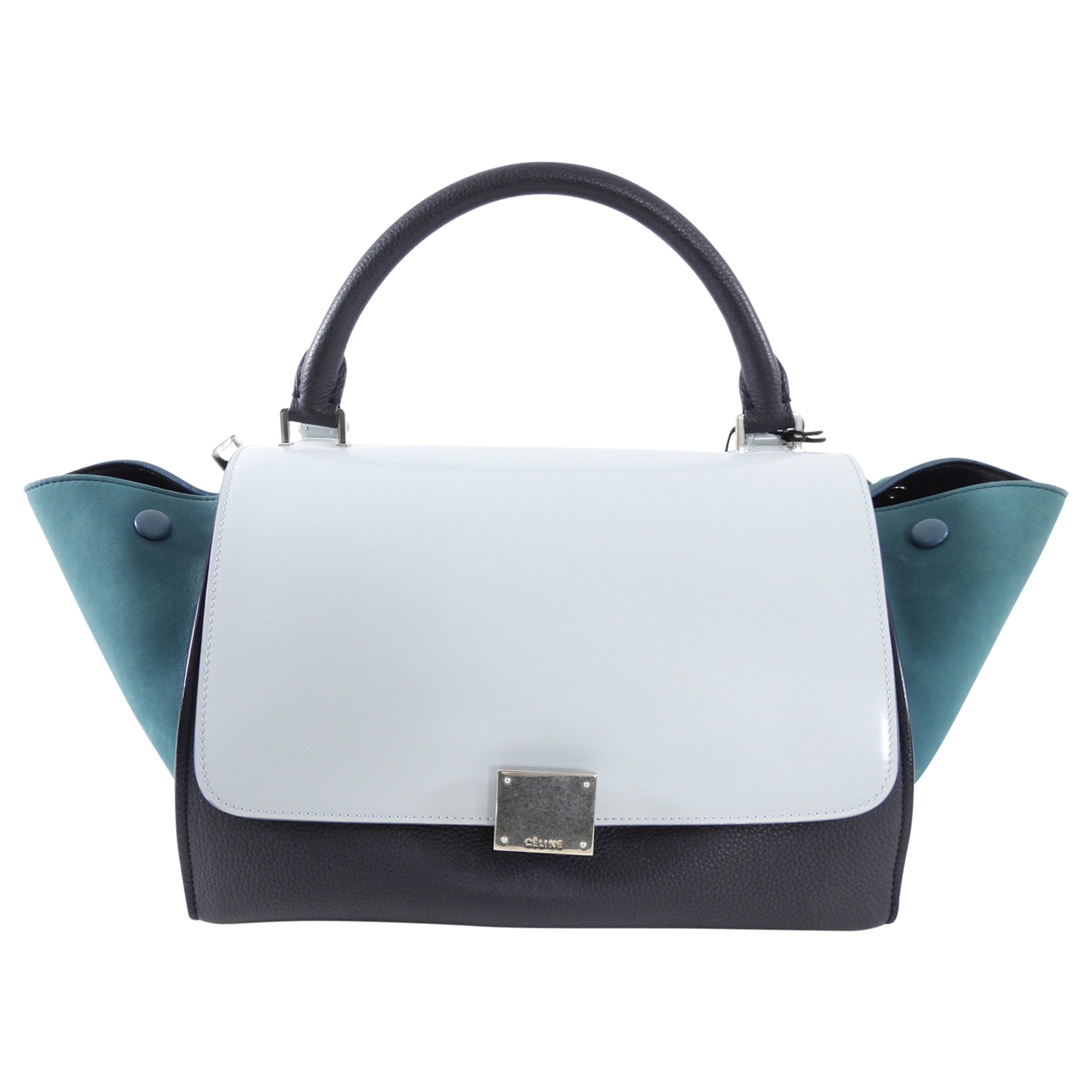 Celine Small Tri-Color Blue Trapeze Handbag with Silver Hardware - Perfect for Work, Travel & Everyday Use
