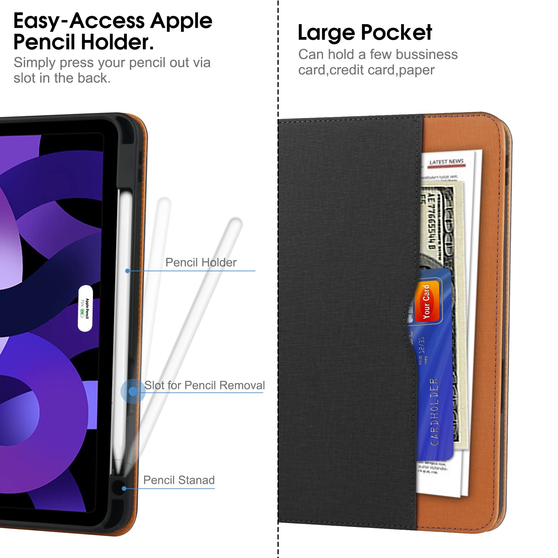 Premium iPad Pro 12.9 Case (2022/2021/2020/2018) - 6th/5th/4th/3rd Gen Protective Cover with Pencil Holder, Folio Stand, Auto Sleep/Wake & Multiple Viewing Angles (Black/Brown) - Perfect for Work, Study & Travel