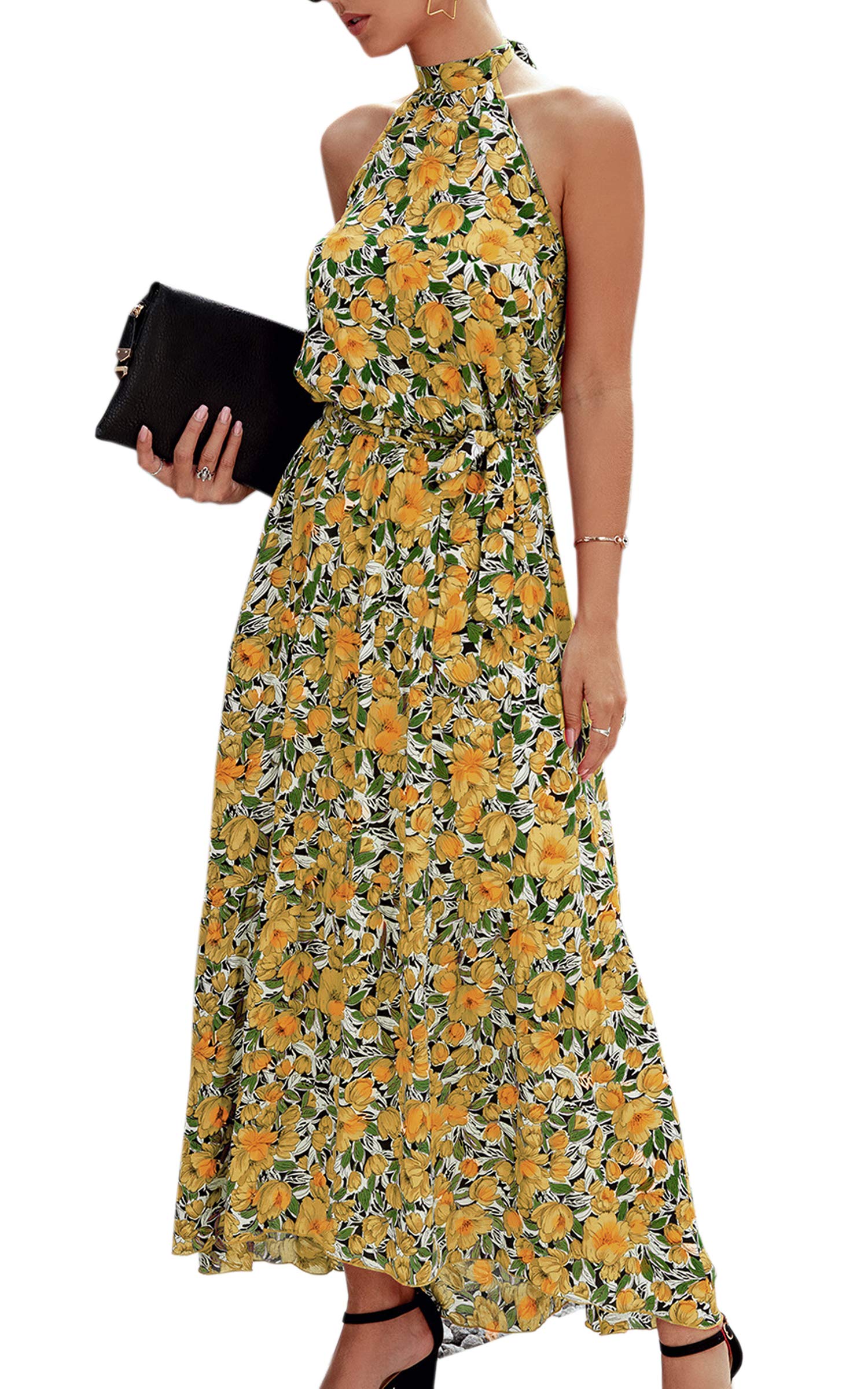 ECOWISH Women's Summer Dresses 2023 | Boho Floral Maxi Sun Dress with Halter Neck | Flowy Beach & Party Dress for Prom, Vacation & Special Occasions
