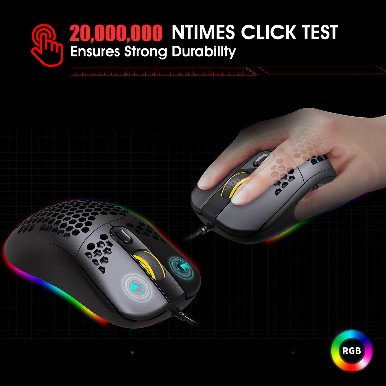 Wired Gaming Mouse with RGB Backlit, 8000DPI Adjustable Optical USB Mouse, 6 Programmable Buttons, Ergonomic Design for Windows/PC/Laptop Gamers - Perfect for FPS, MOBA, and Office Use (Black)