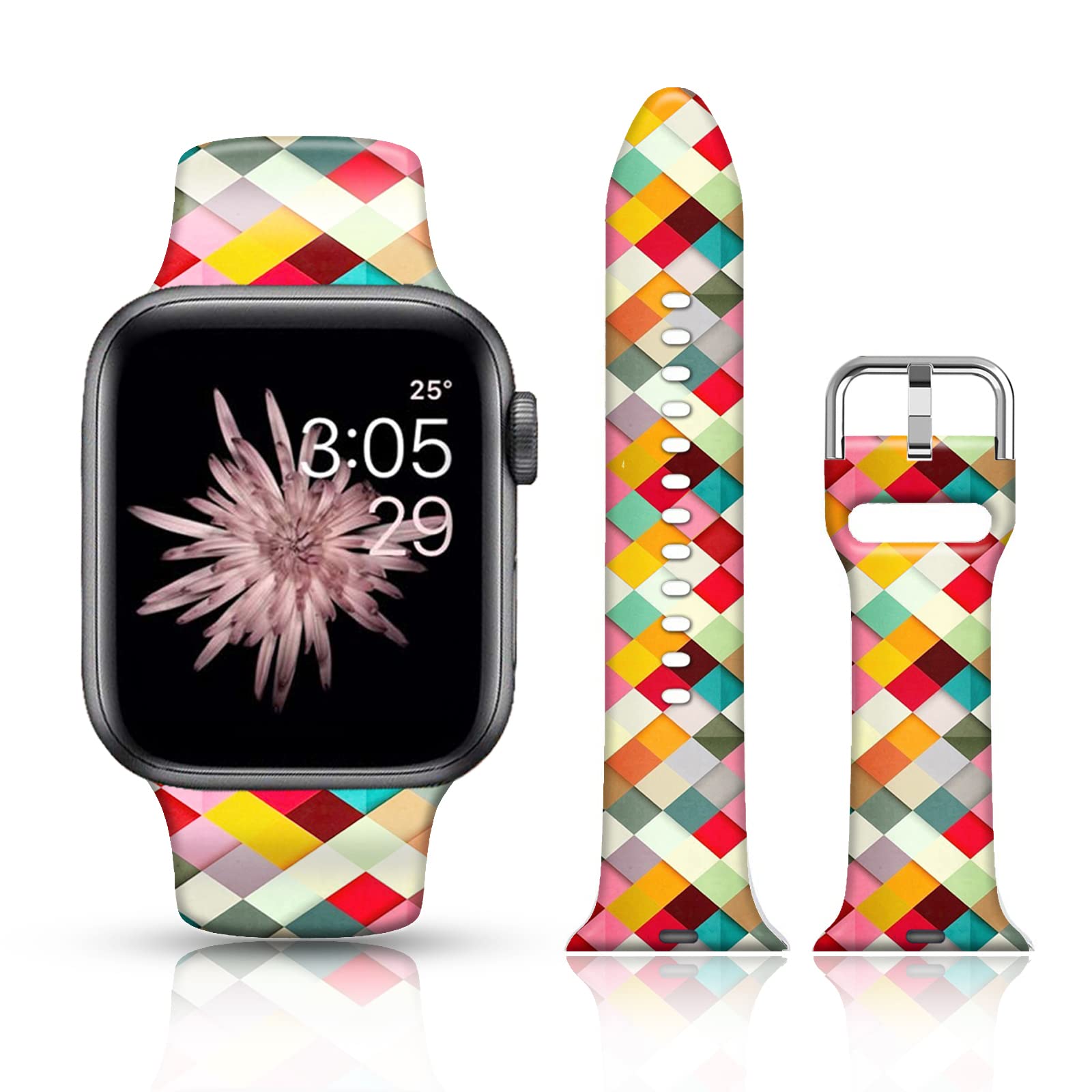 FTFCASE Floral Print Silicone Band for Apple Watch 41mm 40mm 38mm - Soft Sport Strap Compatible with iWatch SE Series 8 7 6 5 4 3 2 1 - Plaid Flower Design for Women Men Girls - Perfect for Workouts, Running & Everyday Fashion