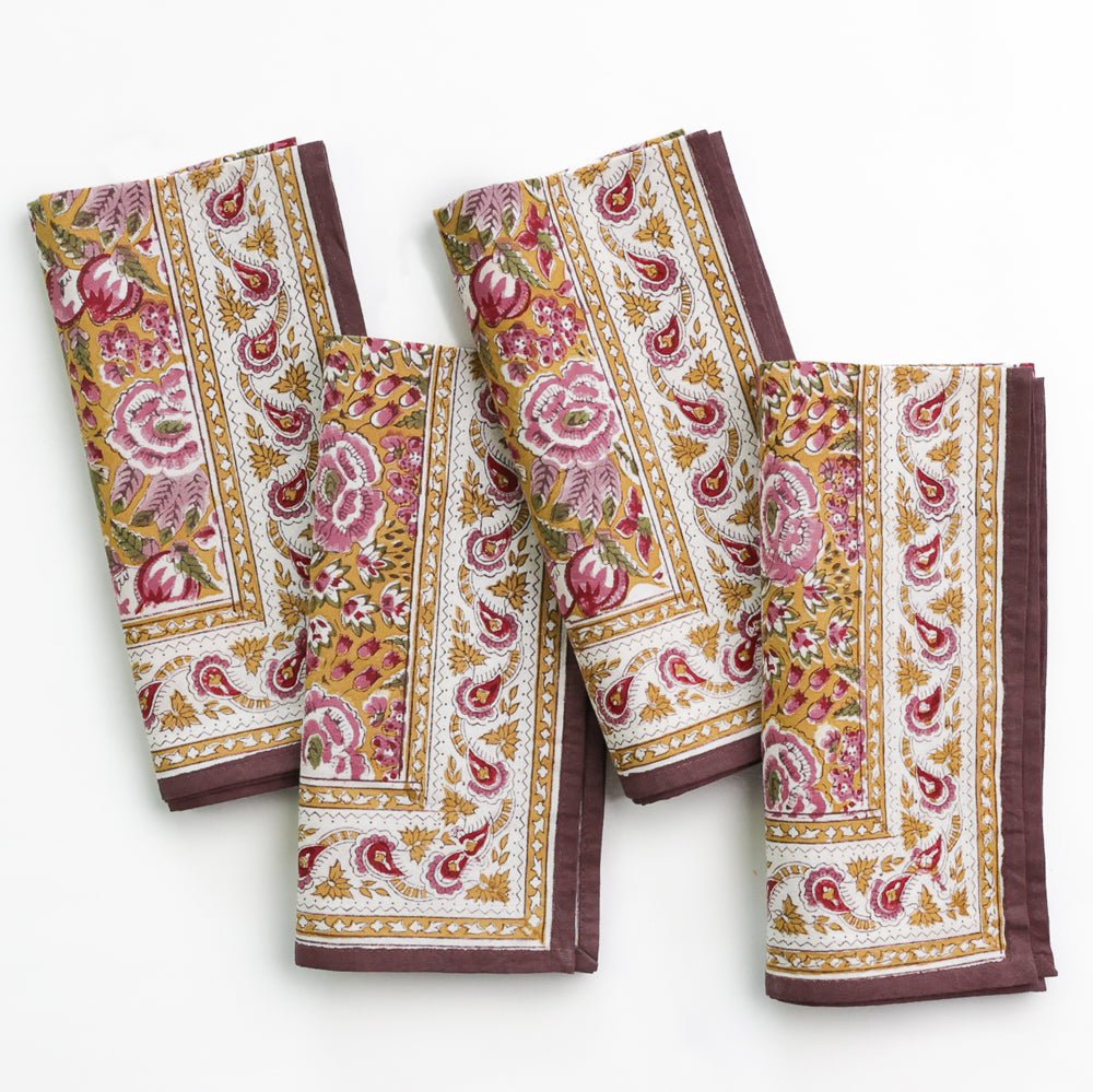 Premium Pomegranate Garden Plum & Ochre Napkins Set of 4 - Elegant Cotton Dinner Napkins for Fine Dining, Parties & Holiday Table Decor