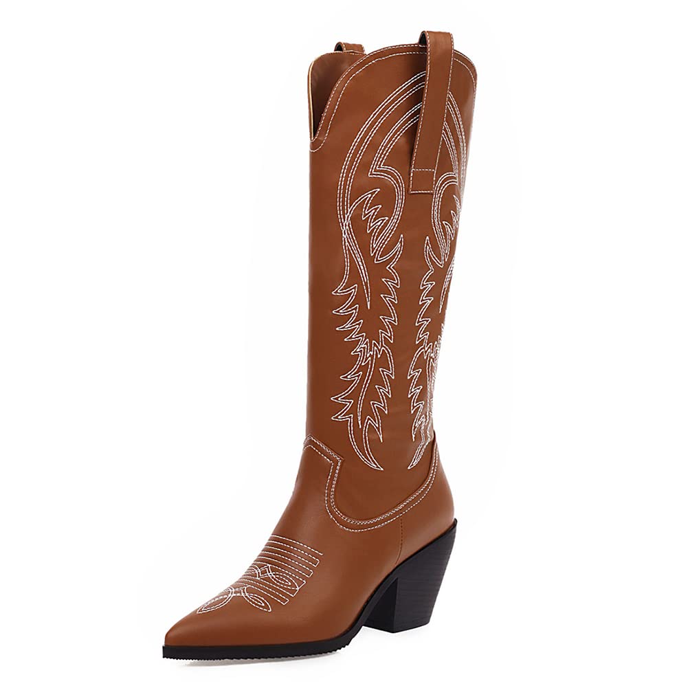 Tscoyuki Women's Western Cowboy Boots - Embroidered Knee High Boots with Pointed Toe & Chunky Block Heel | Pull-On Design for Easy Wear | Perfect for Country Rodeo, Line Dancing & Fall Fashion Outfits