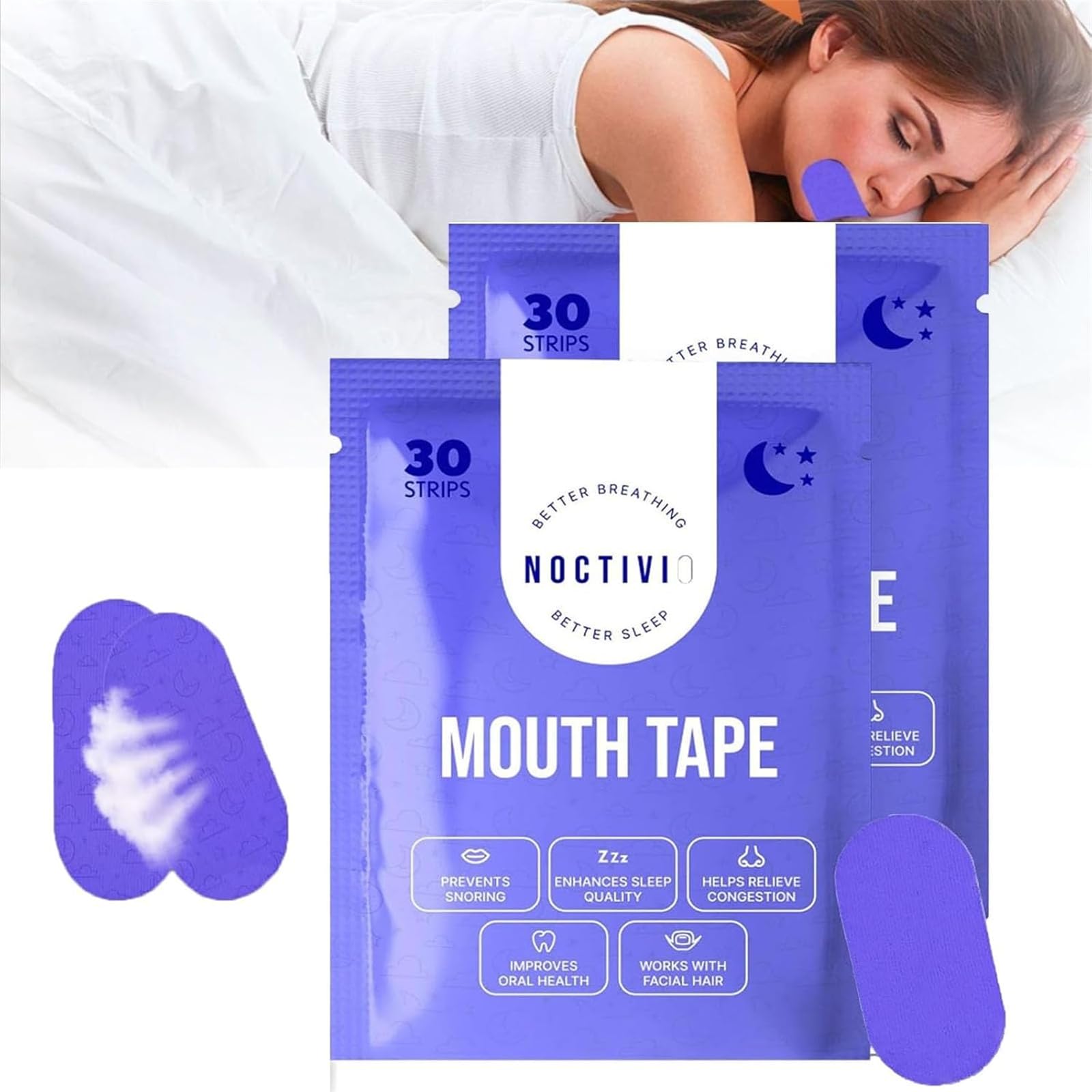 Noctivo Anti Snoring Mouth Tape for Sleep Apnea Relief - Comfortable & Breathable Sleep Strips (2 Pack) - Stop Snoring, Improve Sleep Quality & Nighttime Breathing for Adults