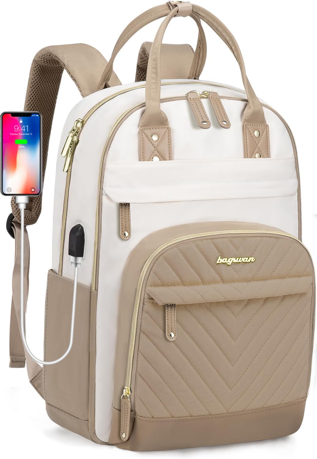 Women's 17 Inch Laptop Backpack with USB Charger - Waterproof Anti-Theft Work Bag for College, Business, Travel & Daily Commute - Perfect for Nurses, Teachers & Professionals (Beige/Khaki)