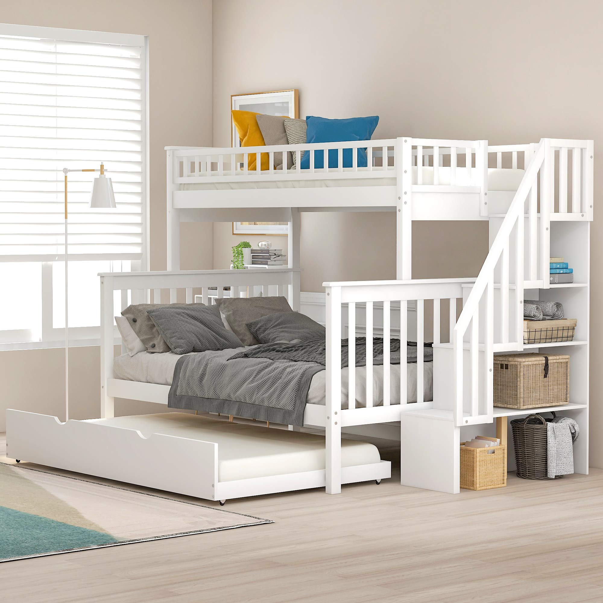 Twin Over Full Bunk Bed with Trundle & Storage - Solid Wood Bunk Bed Frame with Guardrails & Stairs for Kids, Teens & Adults - Space-Saving Bedroom Solution for Shared Rooms, Guest Rooms & Small Spaces (White, No Box Spring Needed)