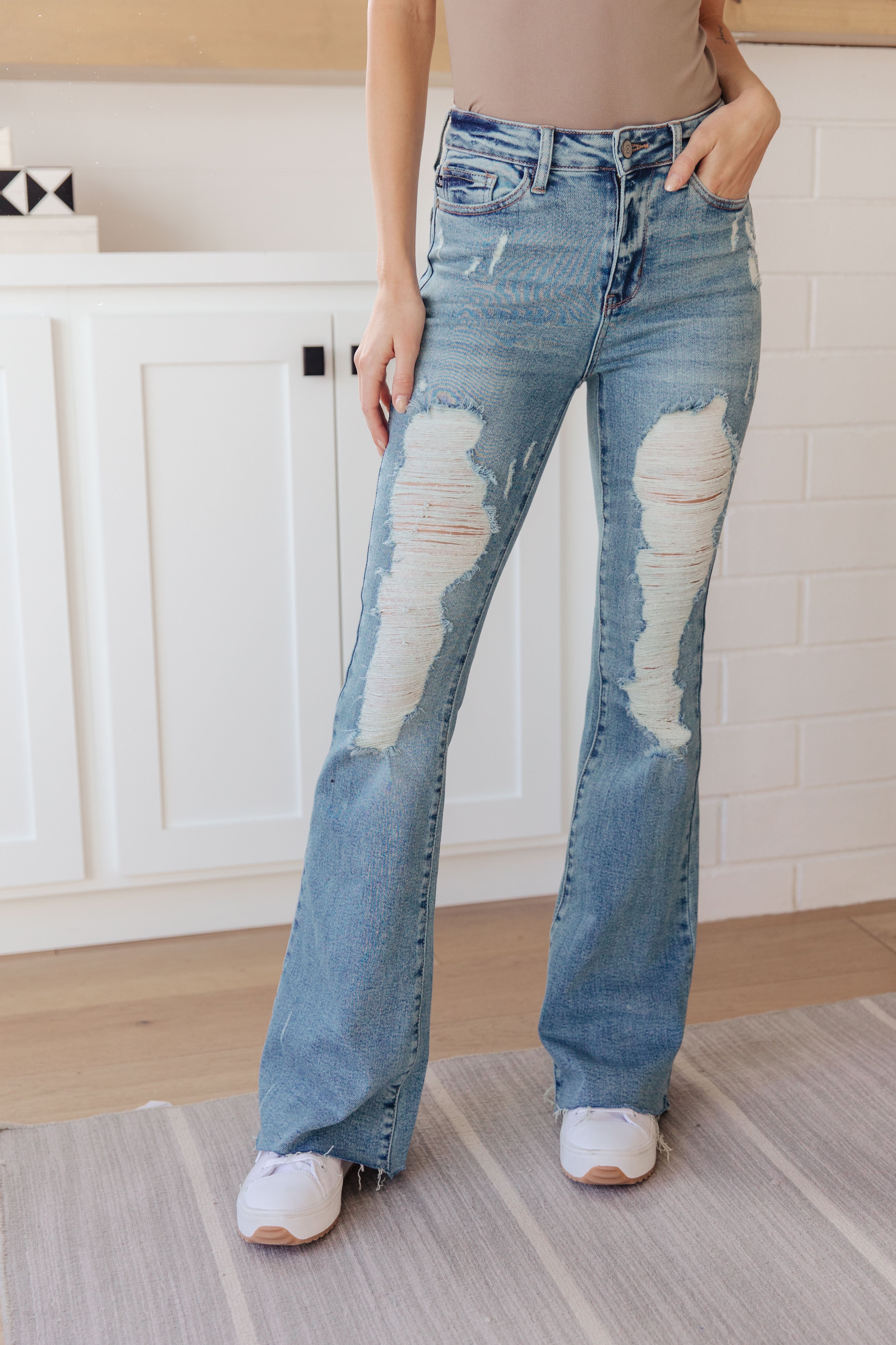 Judy Blue Kiana High Rise Heavy Destroy Flare Jeans for Women | Vintage Distressed Denim Pants | Perfect for Casual Wear, Date Night & Street Style Outfits