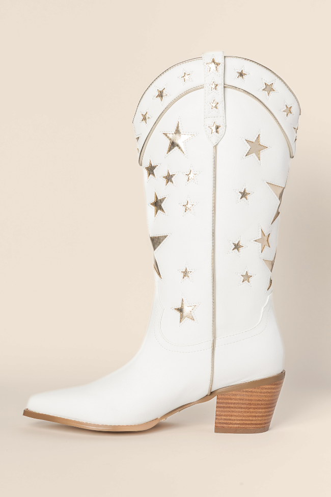 Dollie Women's White and Gold Metallic Star Ankle Boots - Stylish Fashion Booties for Parties, Concerts & Night Out