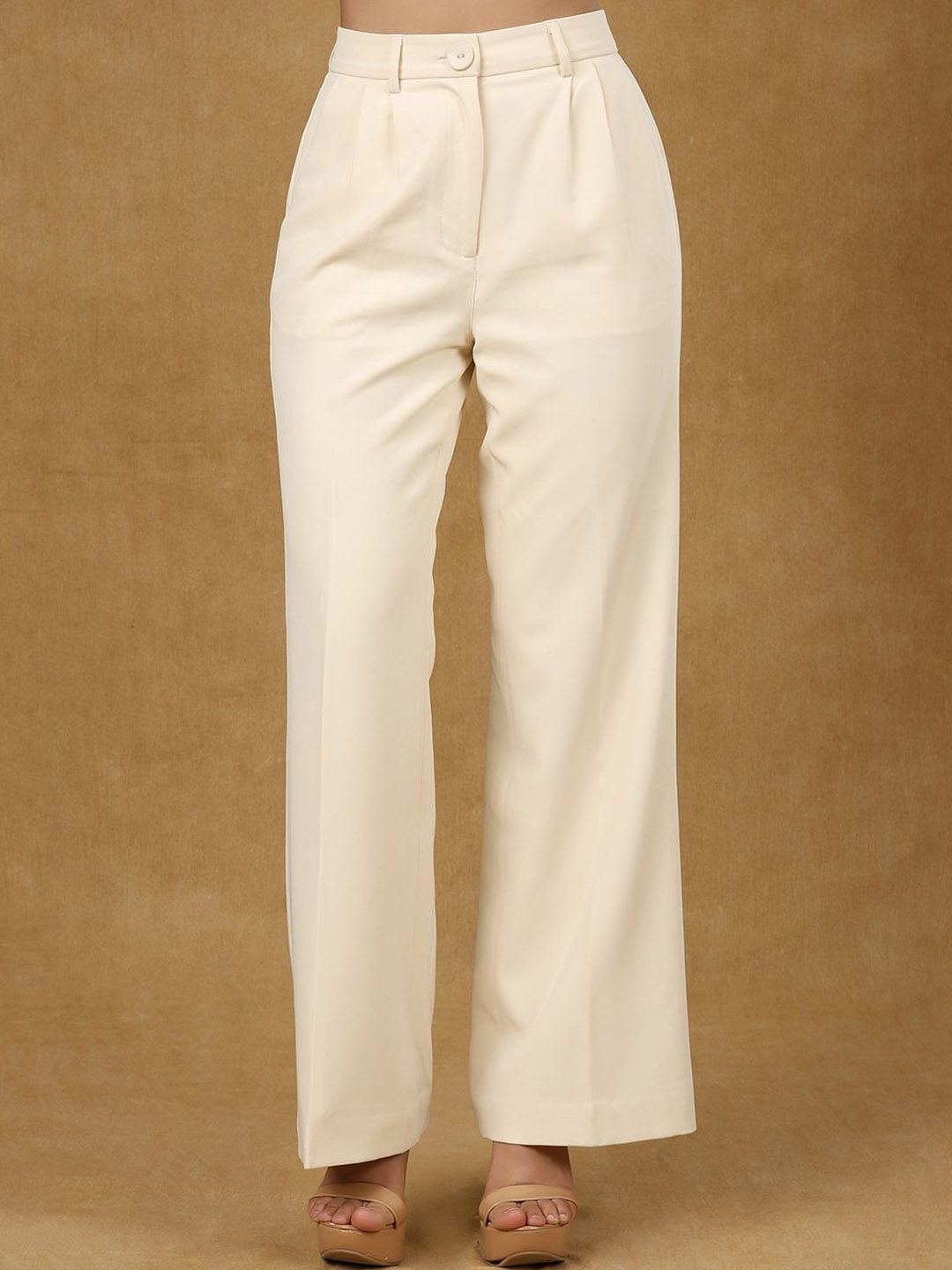 Ivory Pleated High Waist Wide Leg Pants for Women - Elegant Office Wear & Casual Chic Outfits