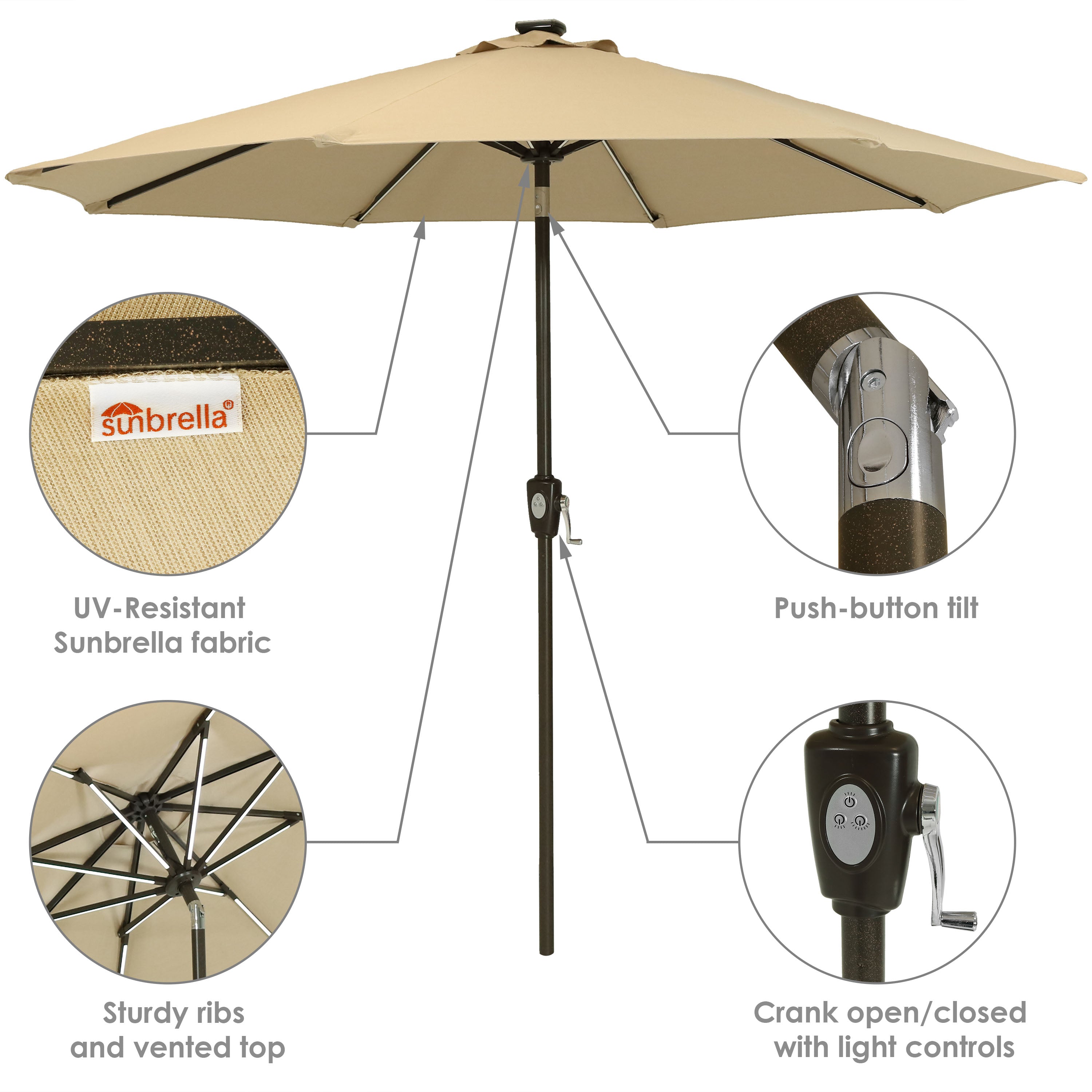Sunnydaze 9-Foot Solar-Powered Patio Umbrella with Push Button Tilt & Crank - Perfect for Outdoor Dining, Poolside Lounging, and Backyard Relaxation