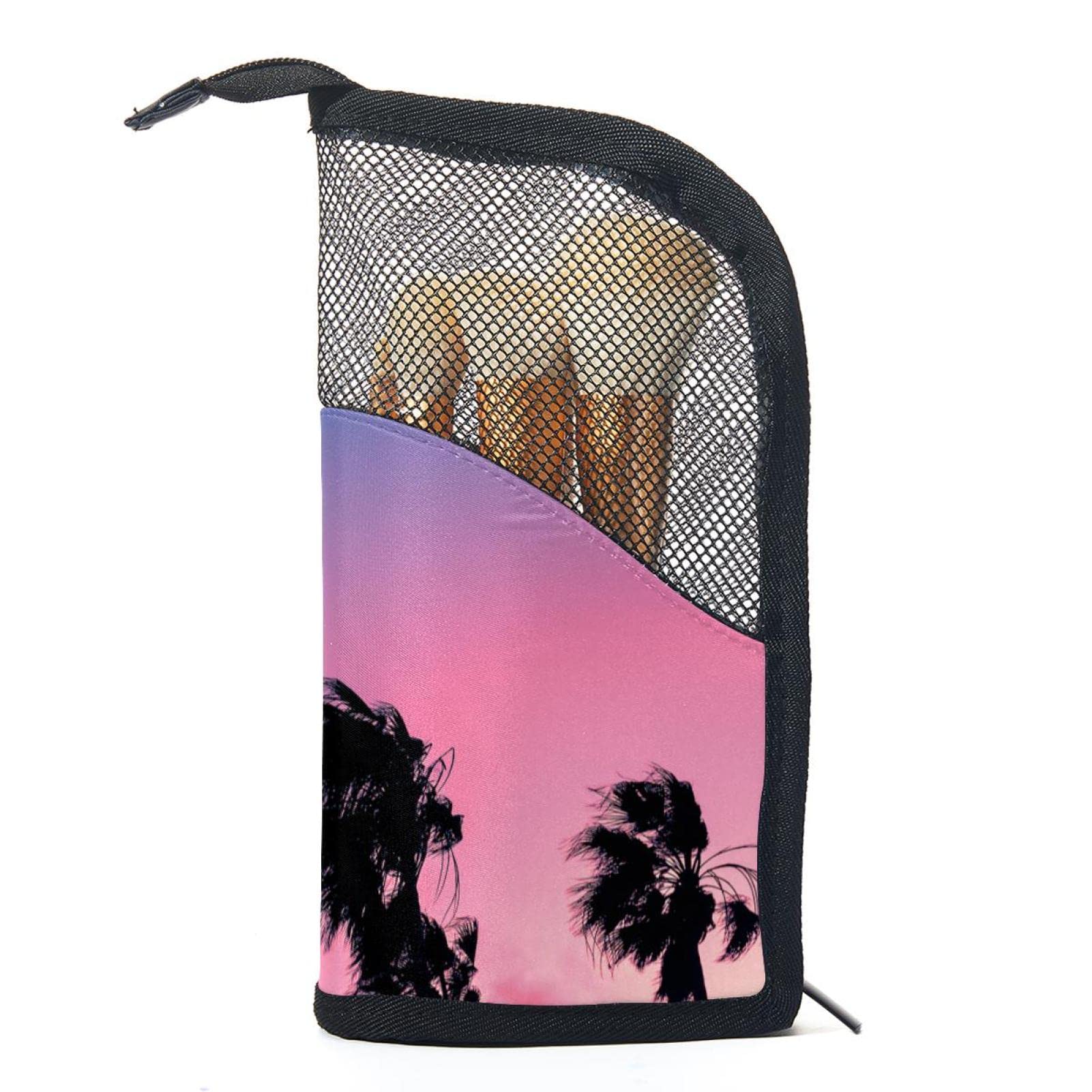 Portable Makeup Brush Organizer Bag with 12 Slots - Palm Tree Sunset Beach Design - Travel Cosmetic Brush Holder Case for Makeup Artists & Travelers - Perfect for Beach Vacations & Professional Makeup Kits