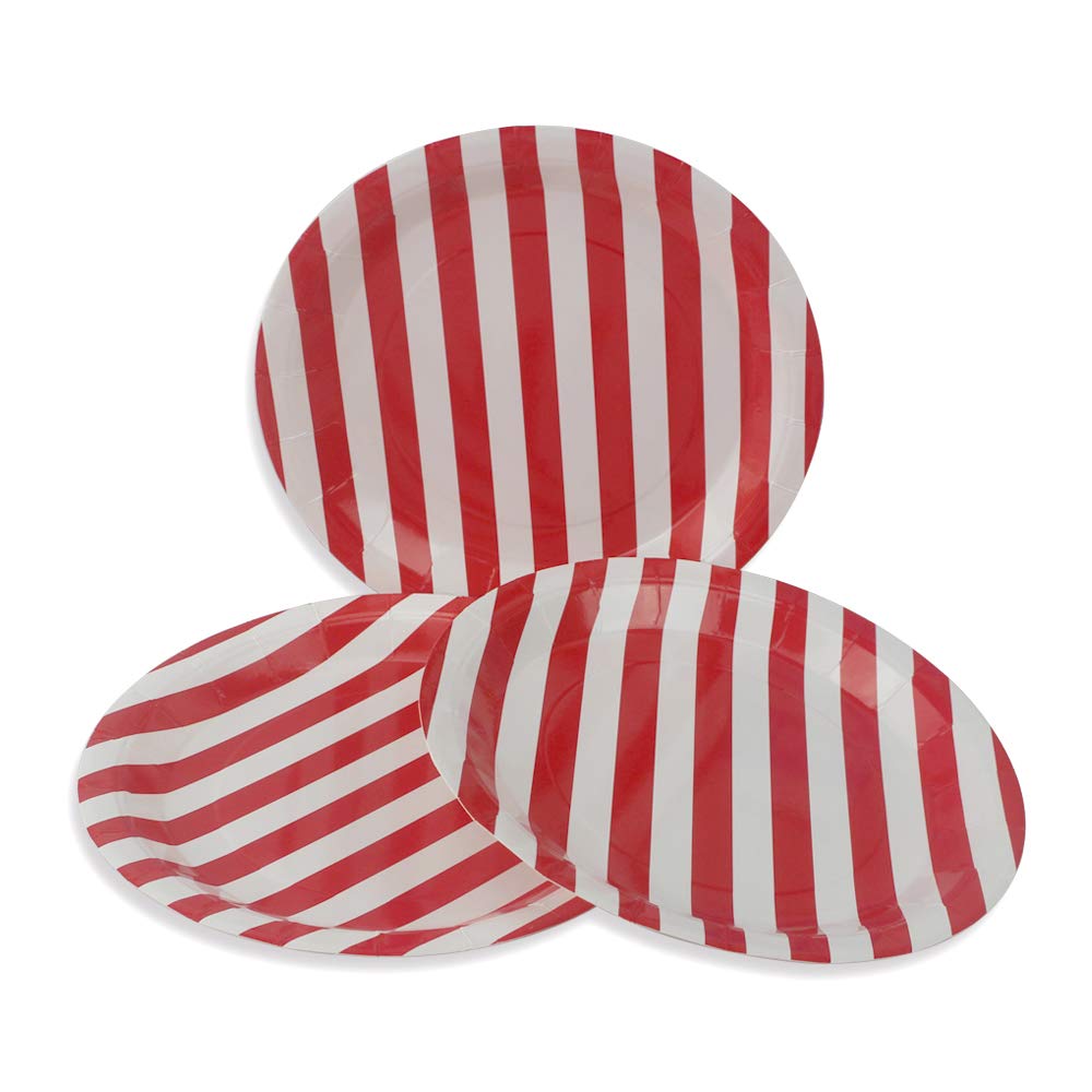 Eco-Friendly 9 Inch Red Stripe Paper Plates - 36 Pack Biodegradable Round Disposable Plates for Party, Birthday, Wedding, Picnic | Perfect for Cakes, Desserts, Snacks & Fruits Serving