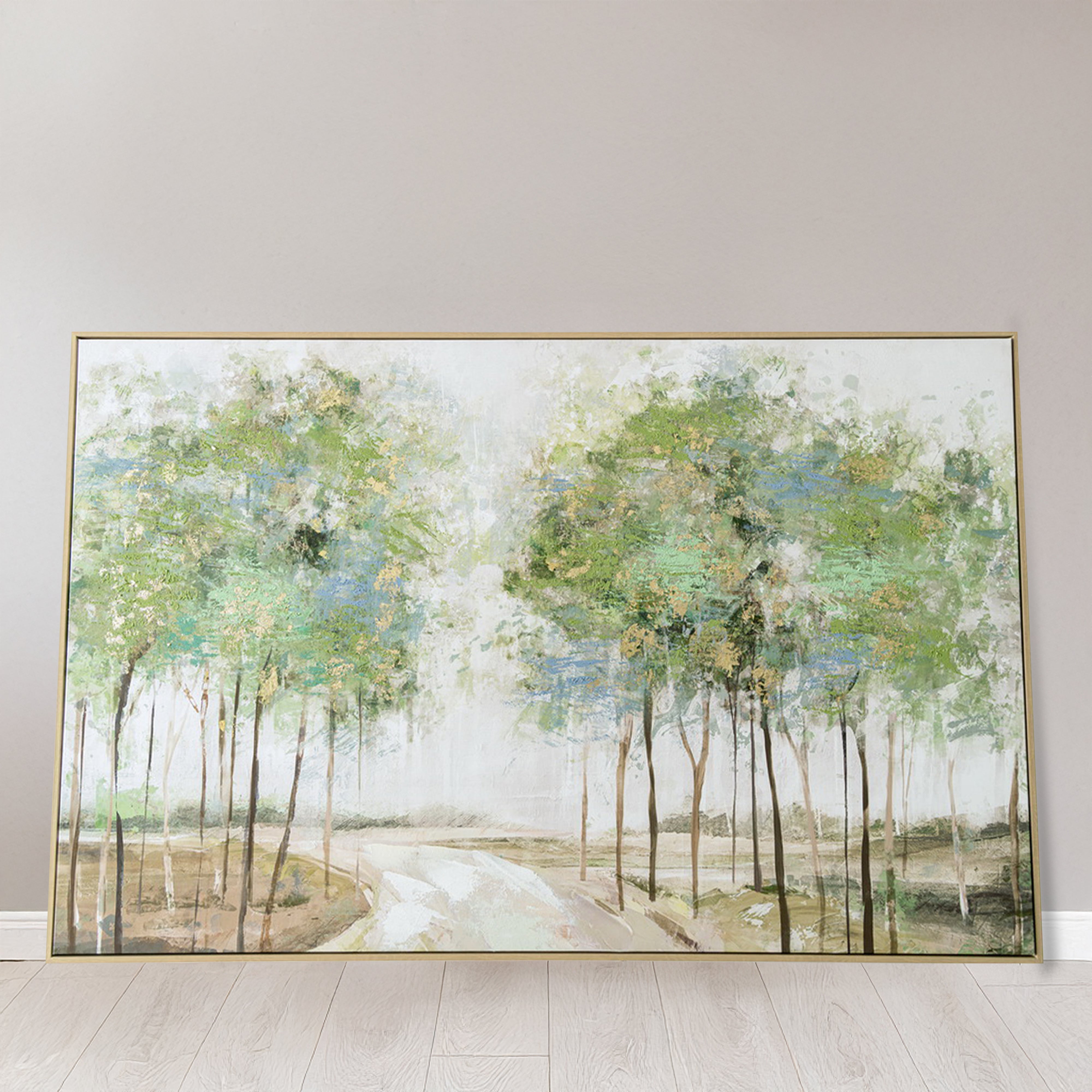 Urban Style Brushmarks Embellished Canvas Forrest Path Wall Art - Hand Painted Landscape Painting for Living Room, Bedroom & Office Decor