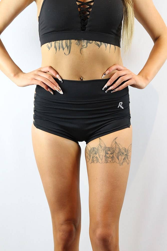 Matte Black Criss Cross Mid Waist Booty Shorts - Sexy High-Waisted Workout Shorts for Women | Perfect for Gym, Yoga, Running & Summer Fashion