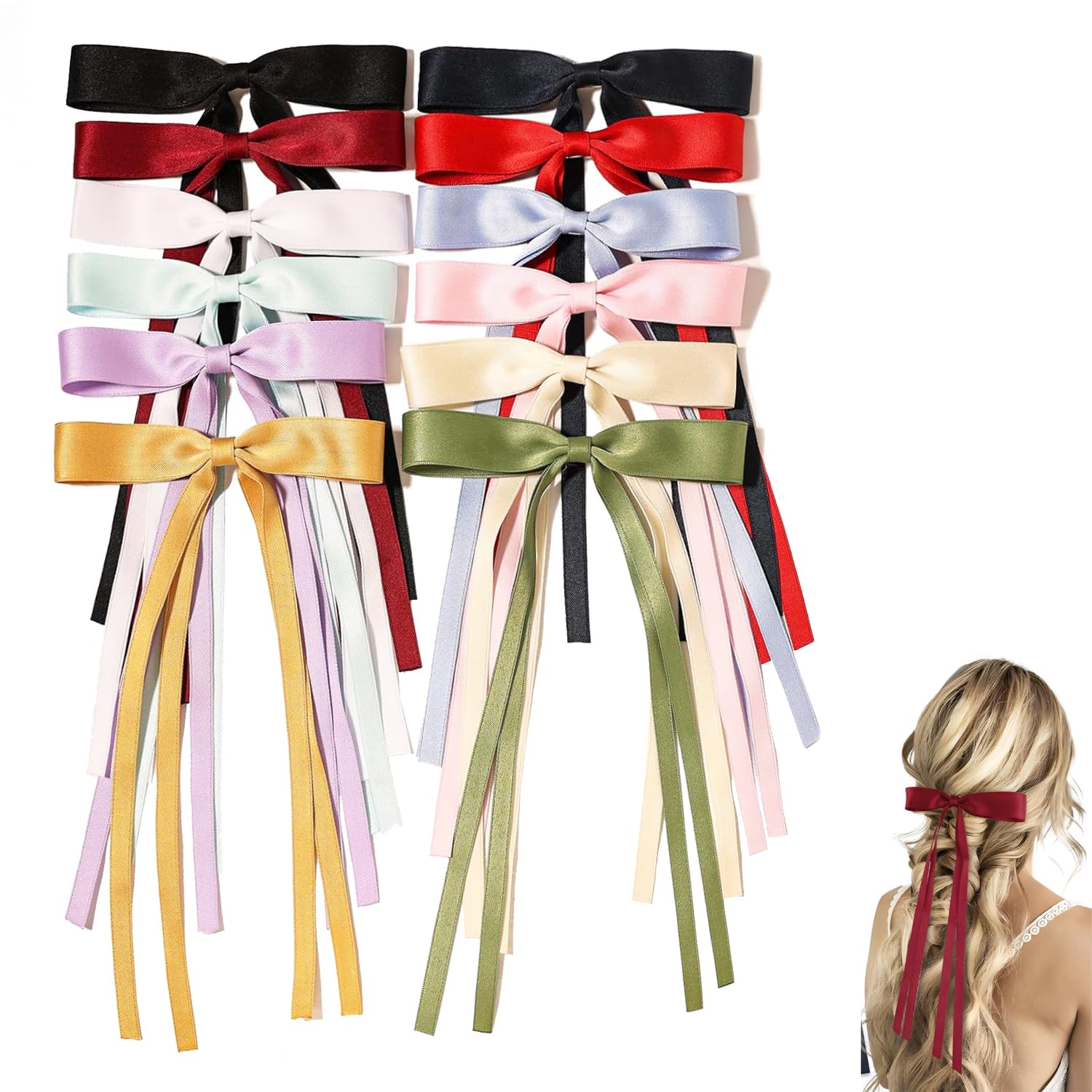 Elegant Satin Hair Bows Clips for Women & Girls - Long Tail Bowknot Ribbons with Metal Clips, French Hair Barrettes (12-Piece Mix Set) - Perfect for Weddings, Parties, School & Everyday Hair Accessories