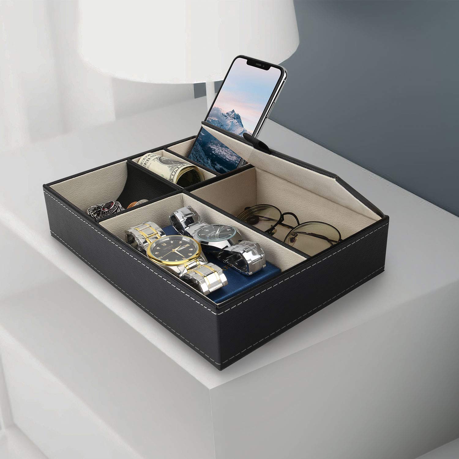 Baoyun Men's Valet Tray Organizer - 5 Compartment Leather Jewelry Box & Nightstand Organizer for Wallet, Phone, Keys - Black - Perfect for Dresser Top, Bedside Table & Home Office Organization