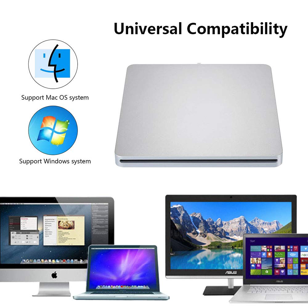 External Blu-Ray DVD CD Drive USB 3.0 & Type-C - Portable BD-ROM Player/Burner for Laptop Desktop PC - Watch Movies & Backup Files (Silver)