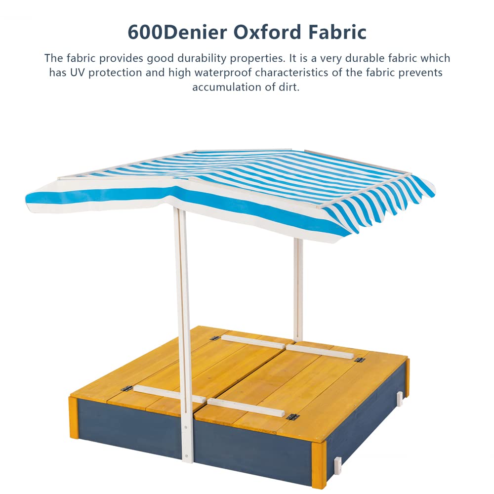 Kids Wooden Sandbox with Cover & 2 Foldable Bench Seats - Outdoor Sand Pit for Backyard Play Ages 3-8 | Adjustable Rotatable Canopy for Sun Protection - Perfect for Garden, Patio & Preschool Play Areas