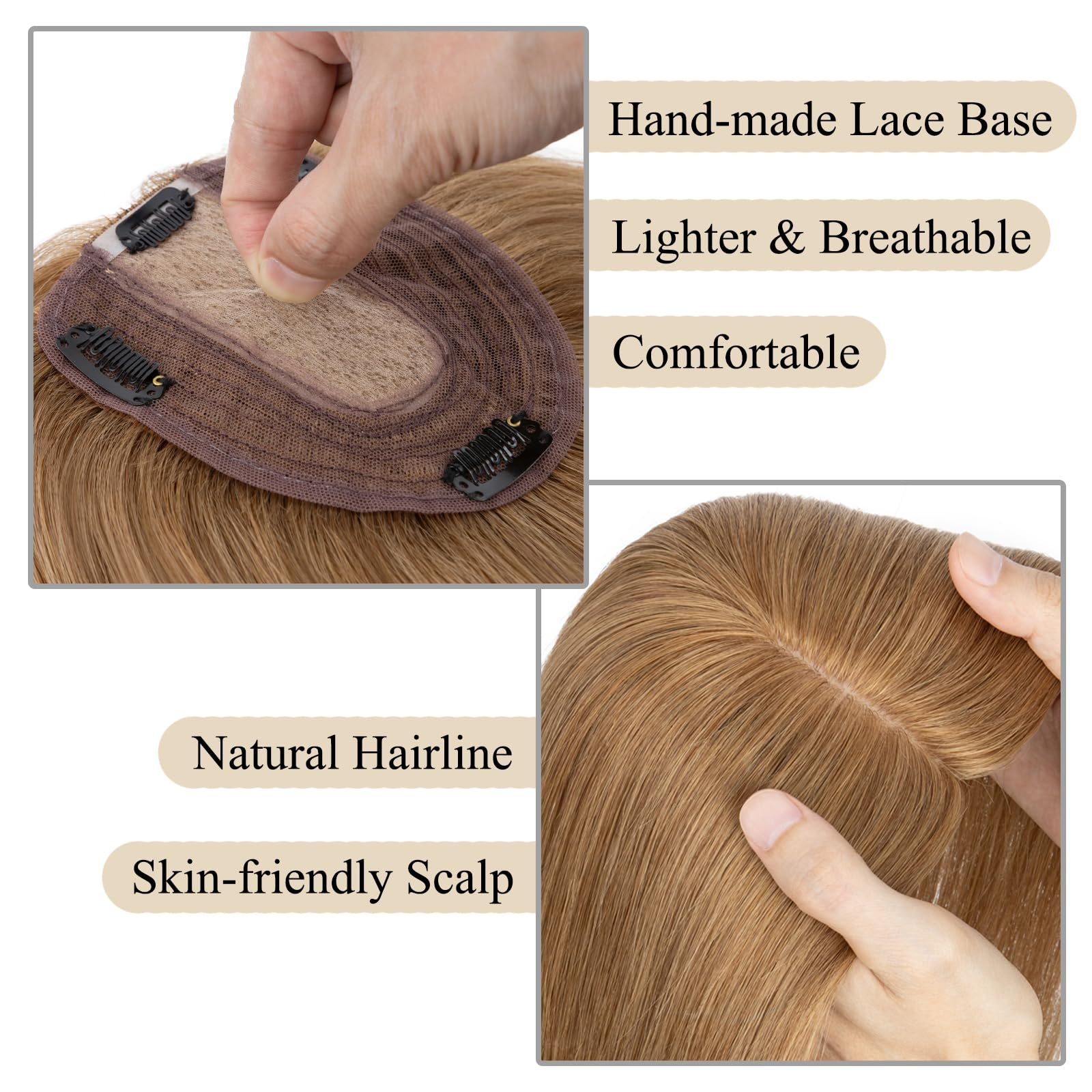 MY-LADY Human Hair Toppers for Women - 130% Density Remy Hair Topper with Silk Base (10x12cm, No Bangs) - Clip-in Hairpiece for Thinning Hair - 14 Inch Straight Light Brown (#06) - Perfect for Daily Wear, Special Occasions & Hair Loss Solutions
