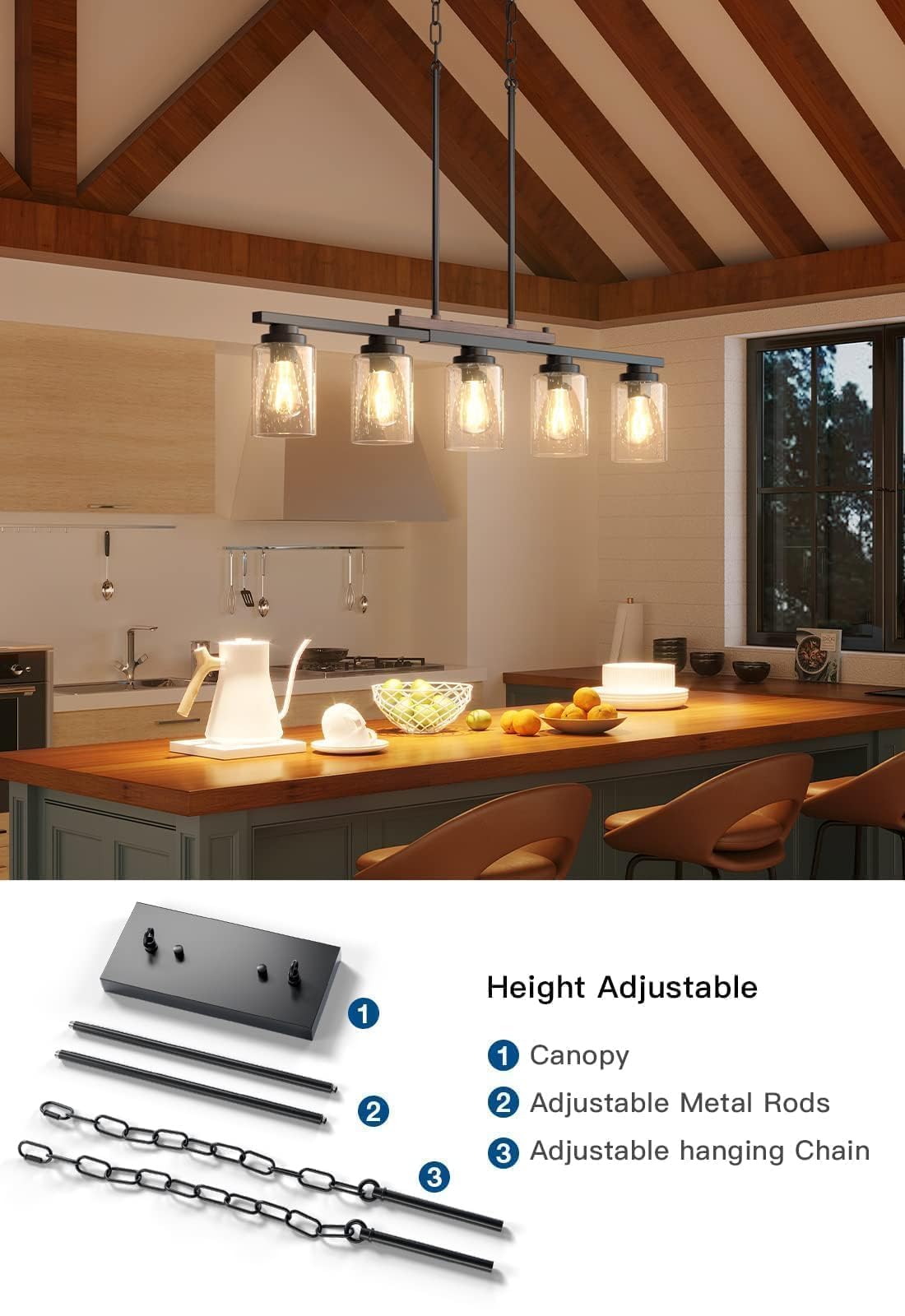 Amico 5-Light Adjustable Farmhouse Chandelier - Black Metal & Wood Kitchen Island Lighting with Seeded Glass Shades | Perfect for Dining Room, Kitchen Island, and Farmhouse Decor