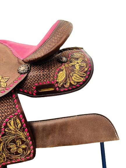 Genuine Leather Western Kids Barrel Saddle with Floral Tooling - Youth Rodeo Saddle for Barrel Racing, Trail Riding & Horseback Riding Practice - Perfect for Young Riders & Beginners