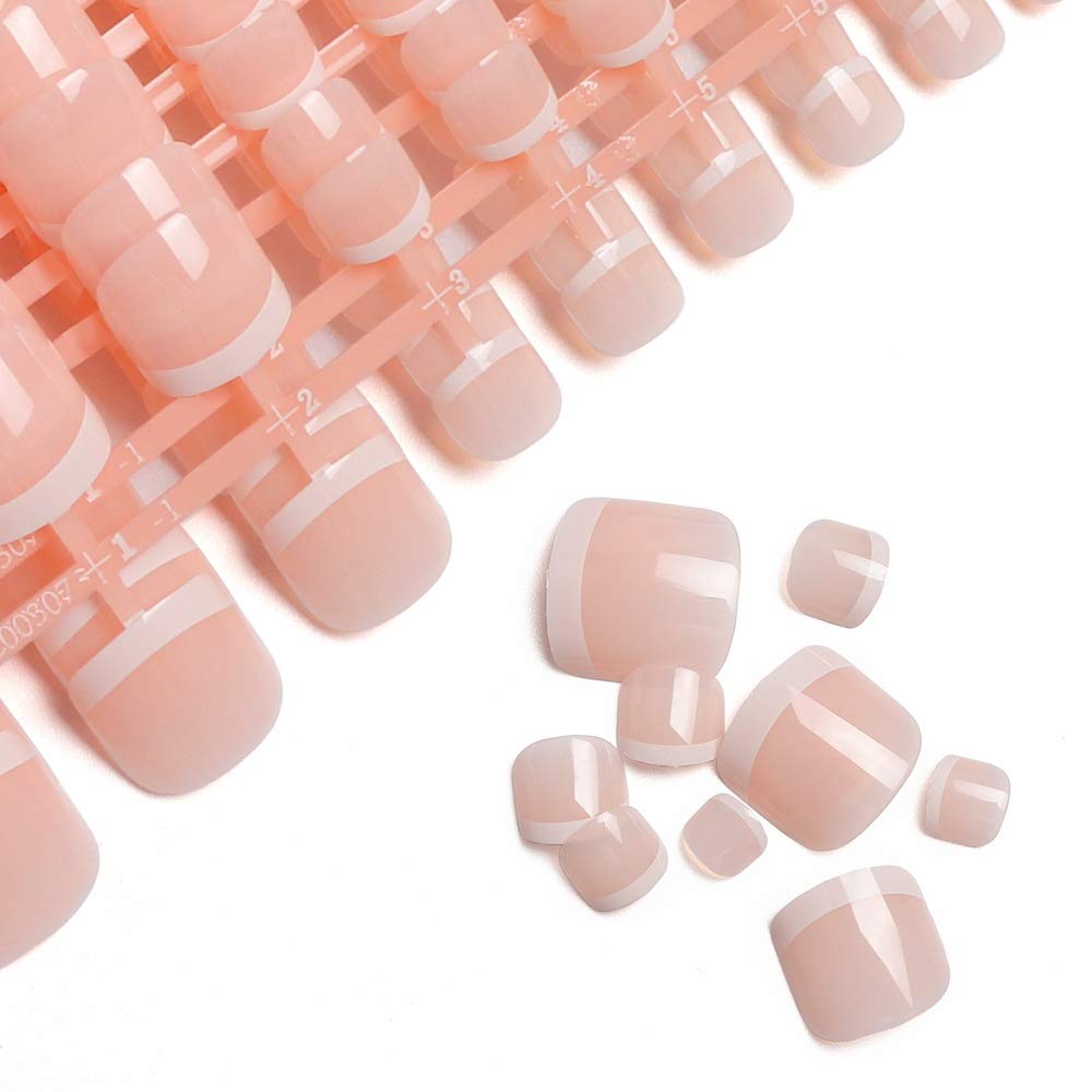 LIARTY 280pcs Short Acrylic False Toe Nails - Natural French Tip Artificial Nails, Full Cover Fake Toe Nails with 12 Sizes - Perfect for Pedicures, Nail Art & Salon Use