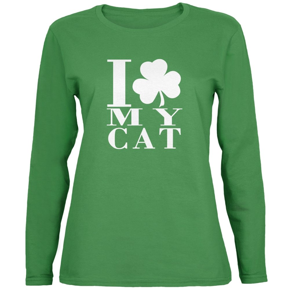 St. Patrick's Day Shamrock 'Love My Cat' Women's Long Sleeve T-Shirt - Perfect for Cat Lovers & Irish Pride Celebrations
