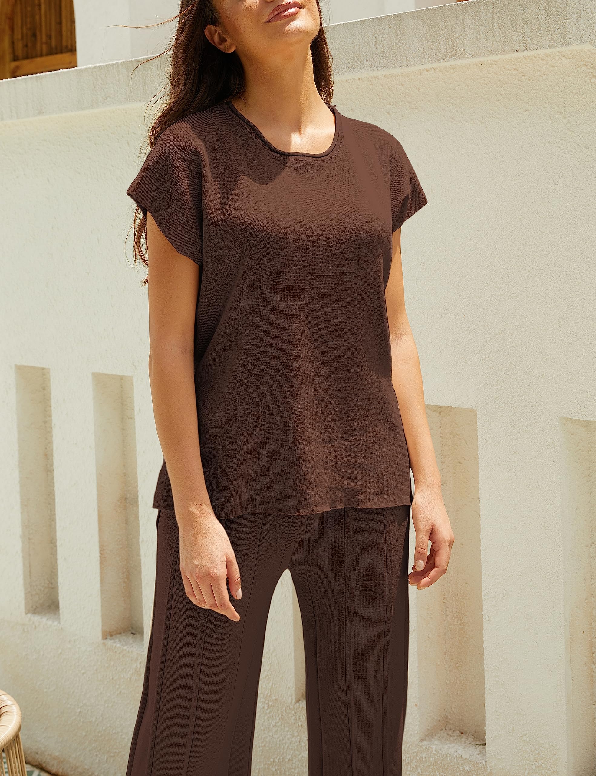 Women's Knit 2-Piece Sweater Set - Cozy Pullover Top & High Waist Wide Leg Lounge Pants - Soft Casual Outfit for Home, Work & Travel