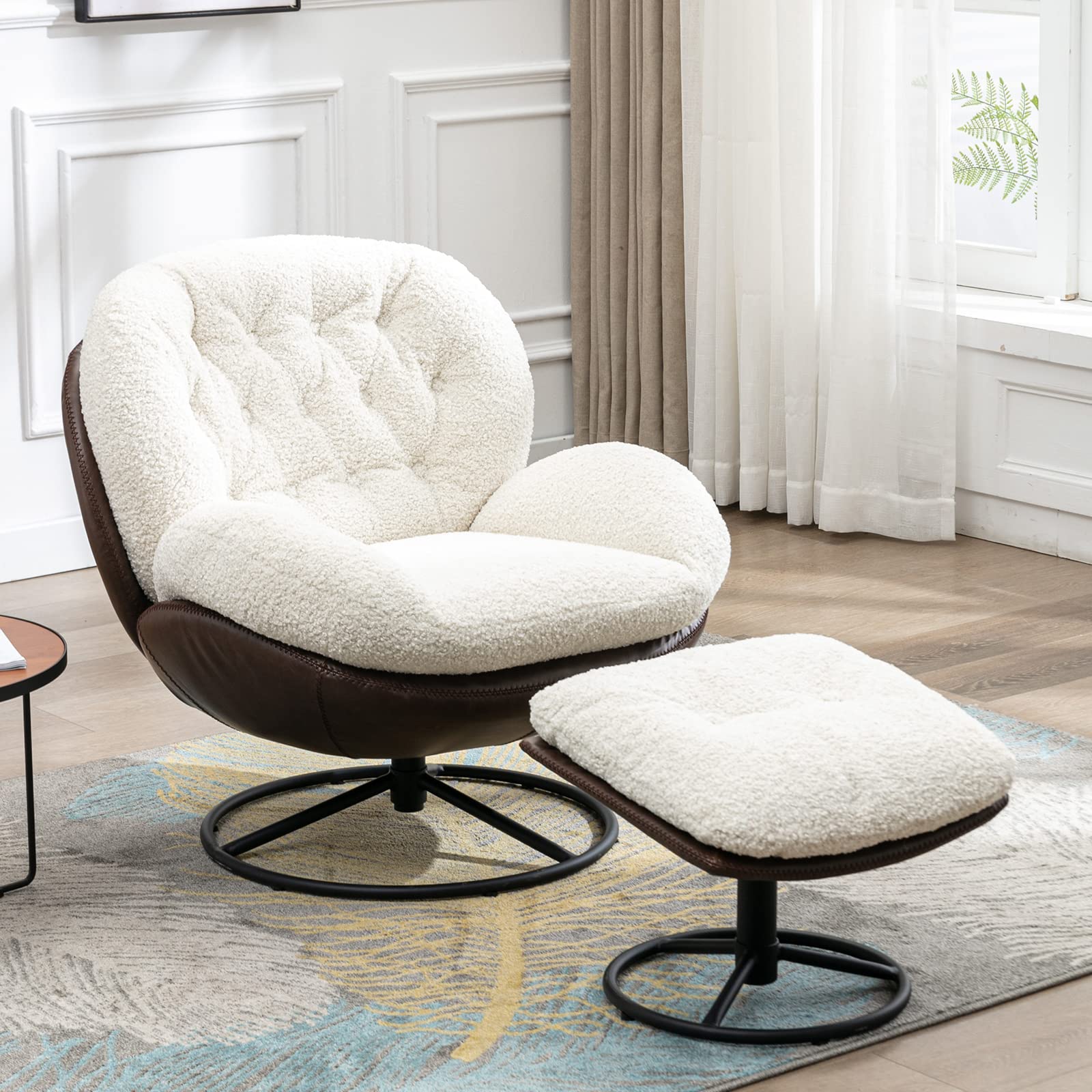 ZSARTS Swivel Accent Chair with Ottoman - Fluffy Faux Fur Mid-Century Modern Lounge Chair with Footrest for Living Room, Bedroom & Fireplace - Brown Upholstered Armchair for Reading & Relaxing | Perfect for Cozy Nights by the Fireplace or Stylish Home Decor