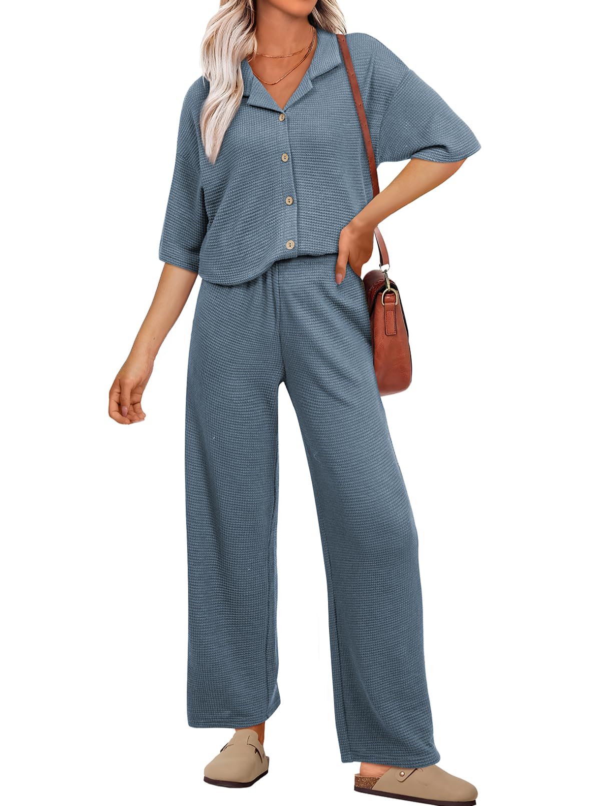 SHEWIN Women's 2-Piece Waffle Knit Lounge Set - Casual Short Sleeve Button Down Sleepwear & Pajamas Outfit - Perfect for Home Relaxation, Lounging, and Comfortable Sleep