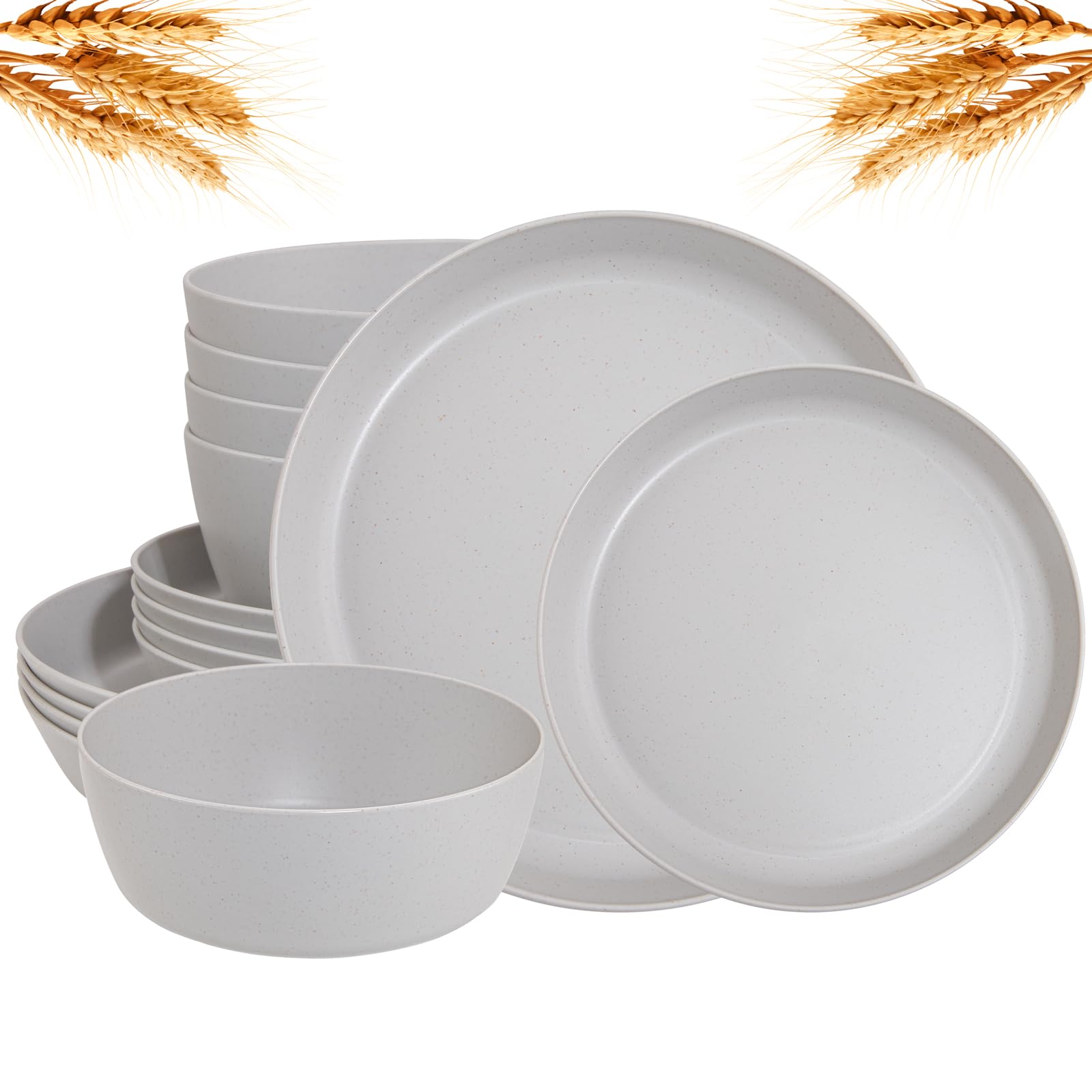 12-Piece Wheat Straw Dinnerware Set - 4 Reusable Unbreakable Plates & Bowls - Eco-Friendly Plastic Dinnerware for Camping, Picnics, Family Dinners & Outdoor Dining