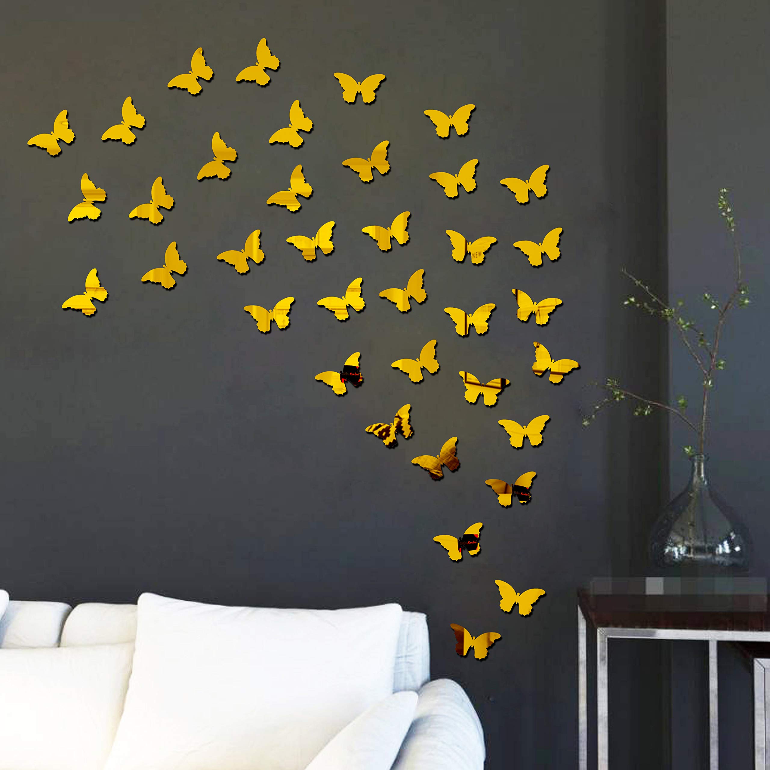 40 Pack Golden Butterfly 3D Acrylic Mirror Wall Stickers - Decorative Self-Adhesive Wall Decals for Living Room, Bedroom, Kitchen, Kids Room & Home Decor - Perfect for DIY Wall Art and Interior Design