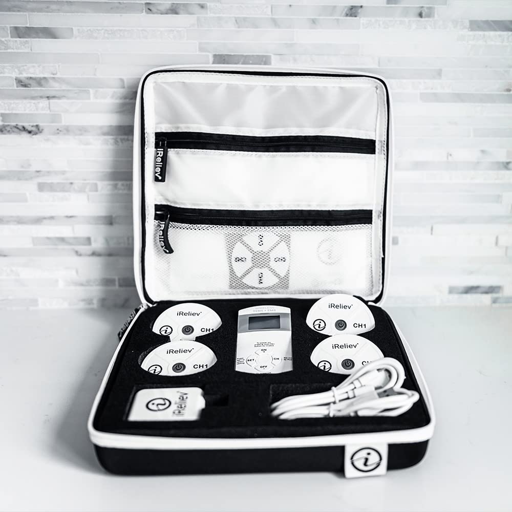 iReliev Wireless TENS + EMS Therapy Device - Pain Relief & Muscle Stimulator for Arthritis, Back Pain, Sore Muscles - Portable Wearable System with 4 Receiver Pods & Case - Perfect for Home Use, Workouts, and Post-Surgery Recovery