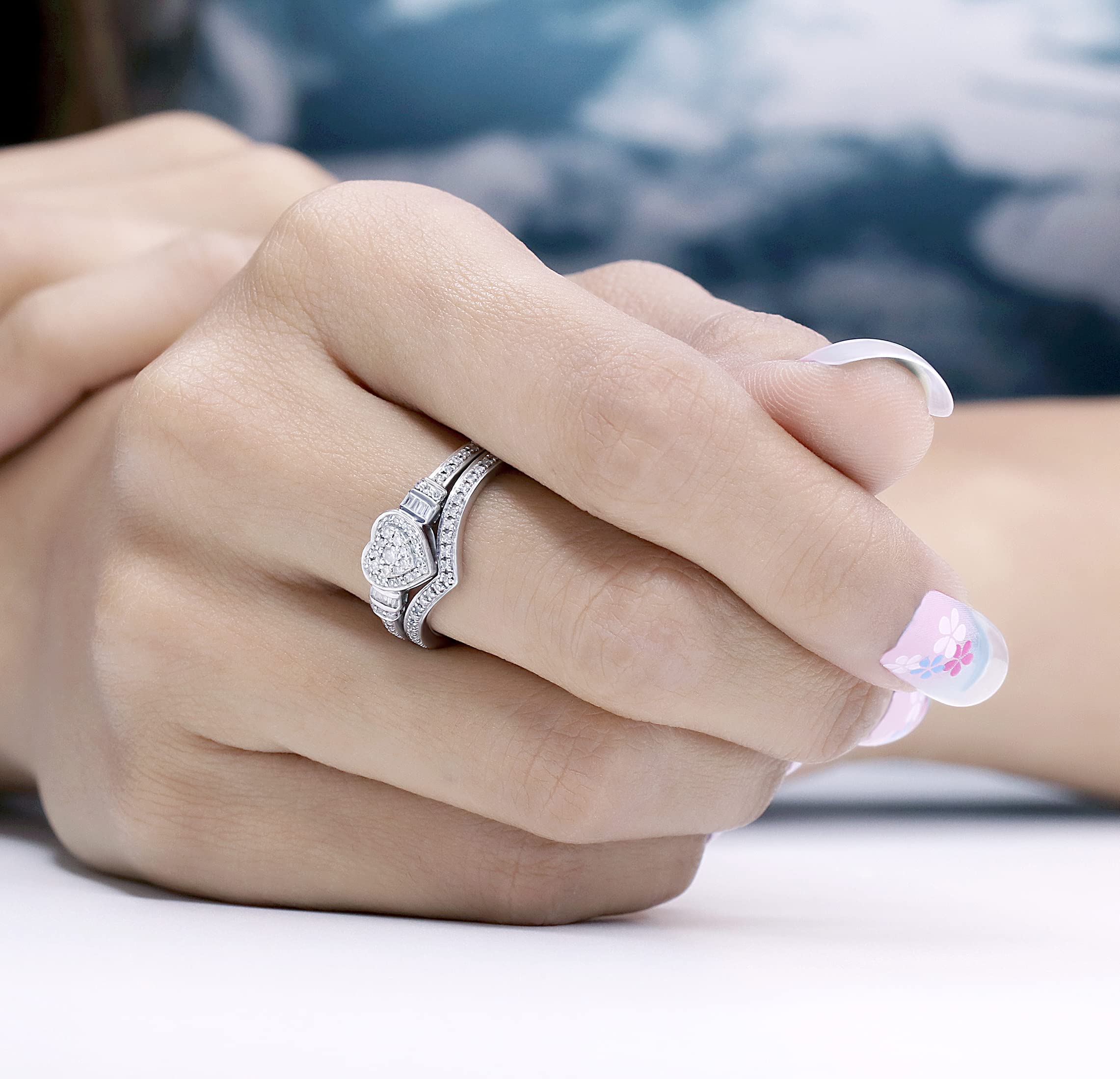 0.30 Carat Heart-Shaped Diamond Engagement Ring Set - Round & Baguette Cut in 925 Sterling Silver - Dazzlingrock Collection | Perfect for Proposals, Anniversaries & Romantic Gifts