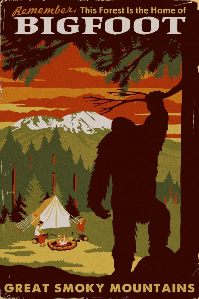 Signed 24x36 Great Smoky Mountains Tennessee Bigfoot Art Print - Wall Decor Poster for Home, Office & Cabin - Perfect for Nature Lovers & Cryptid Enthusiasts
