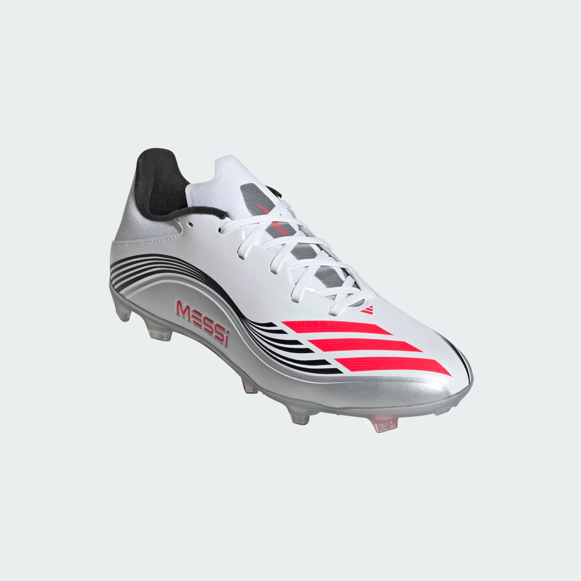 adidas F50 Messi League FG/MG Soccer Cleats - White/Lucid Red/Silver Metallic | Lightweight Football Shoes for Men | Perfect for Turf & Artificial Grass Fields