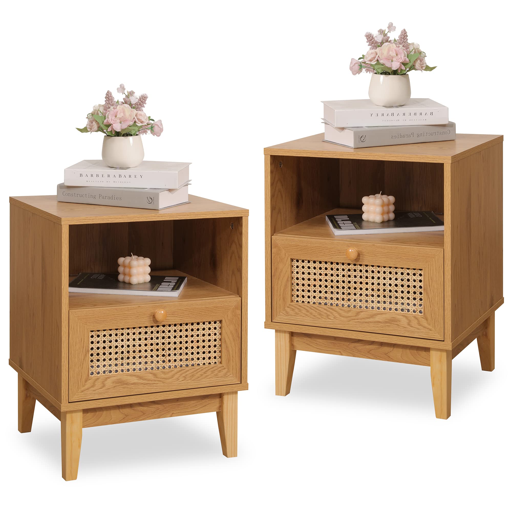 Rattan Nightstand Set of 2 - Boho Bedside Tables with Open Shelf & Drawers for Bedroom Decor - Perfect for Small Spaces, Guest Rooms, and Modern Farmhouse Style