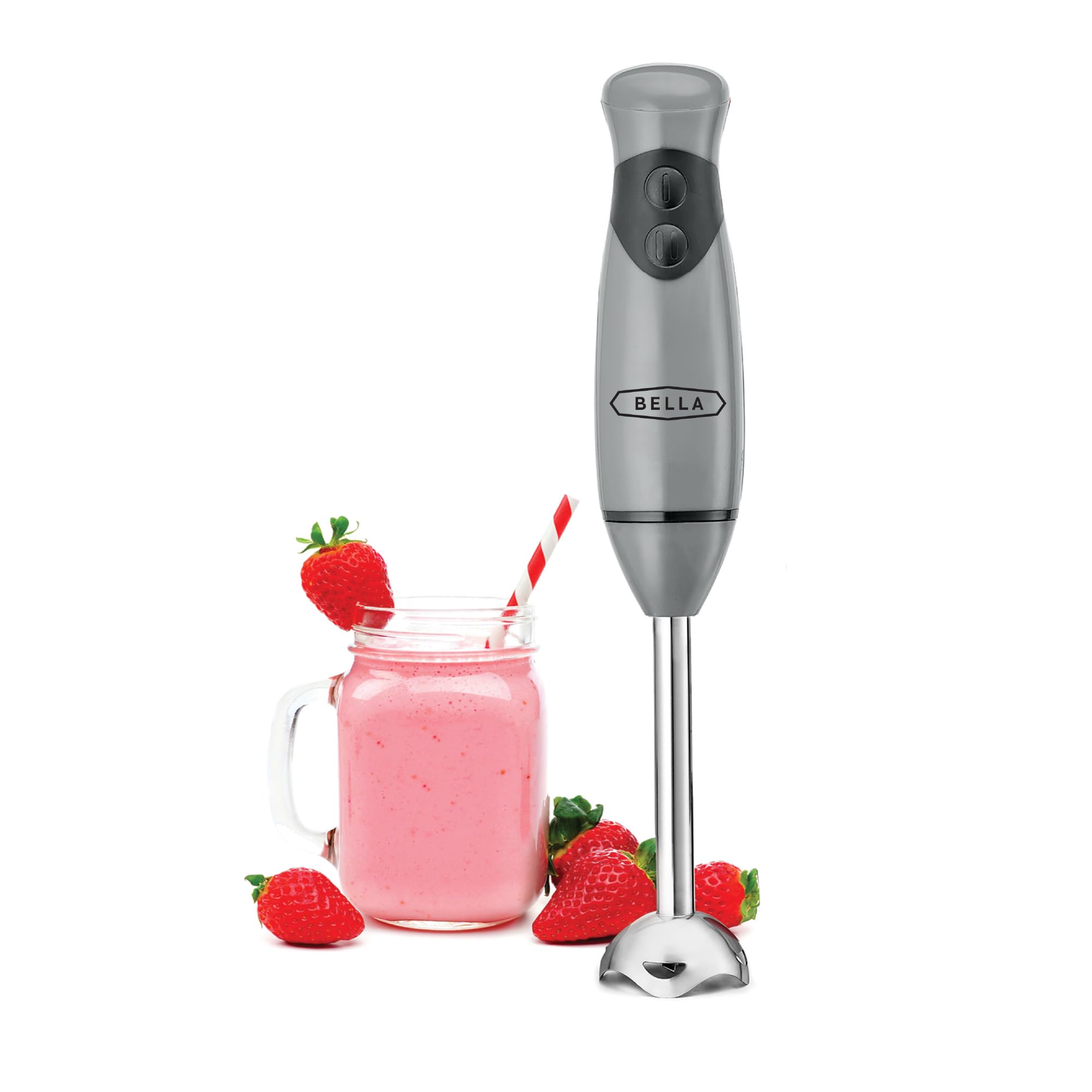 BELLA 250W Immersion Blender Hand Mixer - 2-Speed Electric Handheld Blender with Whisk Attachment for Juicing, Shakes, Baby Food & Smoothies - BPA-Free Stainless Steel (Gray) - Perfect for Kitchen, Baby Food Prep & Healthy Smoothie Making