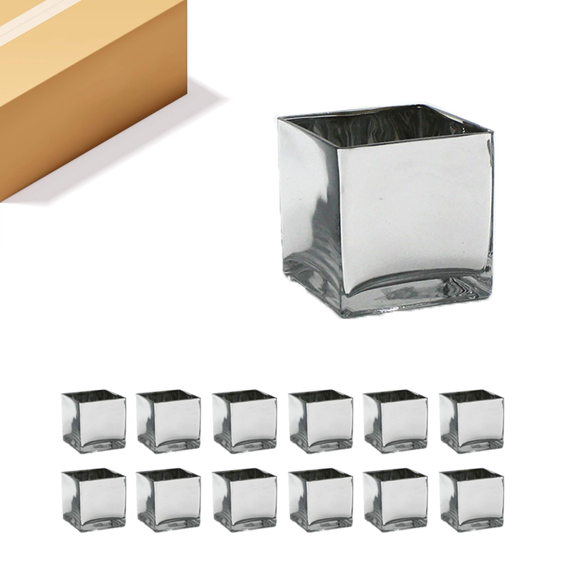 WGV 5x5x5 Inch Cube Glass Vase Bulk - Elegant Silver Floral Accent Container for Candles, Plants & Storage | Perfect for Wedding Decor, Party Centerpieces, Office & Home Decor (12-Piece Set)