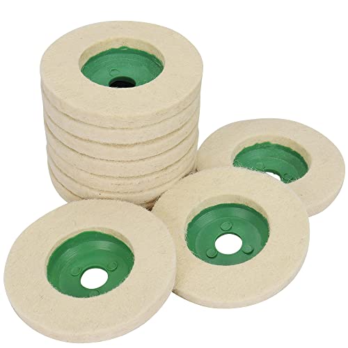 10 Pack 4 Inch Round Wool Felt Disc Wheel Pads for 100mm Angle Grinder - White & Green Buffing Polishing Pads with Center Bore - Perfect for Metal Polishing, Jewelry Making & DIY Projects