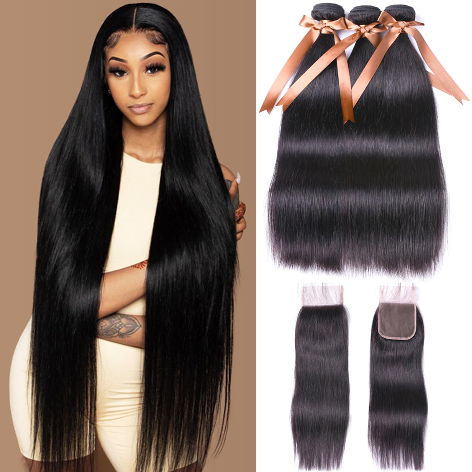 ALLRUN 100% Unprocessed Brazilian Straight Virgin Human Hair Bundles with 4x4 HD Lace Closure - 22/24/26 Inch 3 Bundles + Free Part - Premium Human Hair Extensions for Styling, Weaves & Natural Look