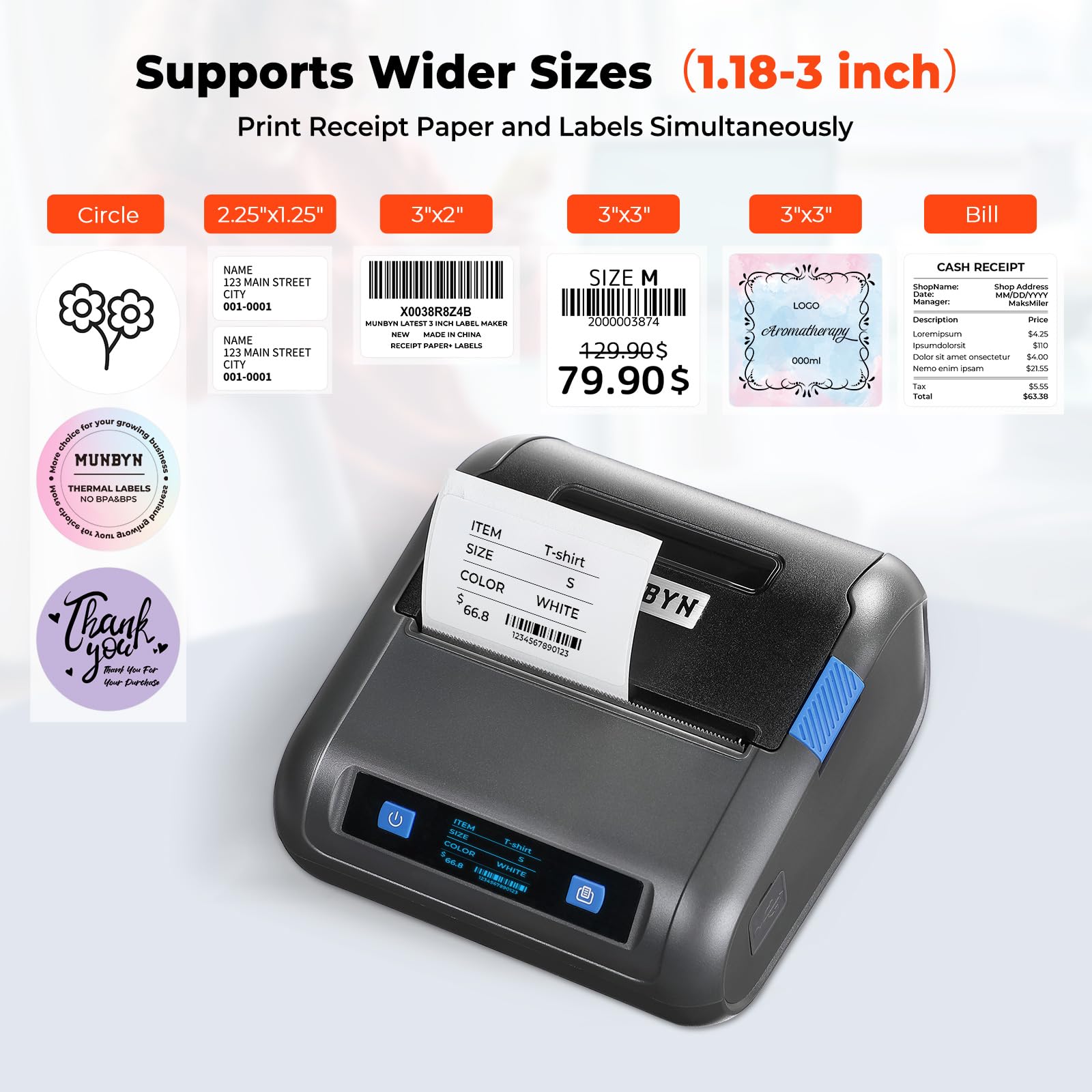MUNBYN 3 Inch Bluetooth Thermal Label Printer - 5H Battery Life, Compatible with Receipts & Labels (1.96