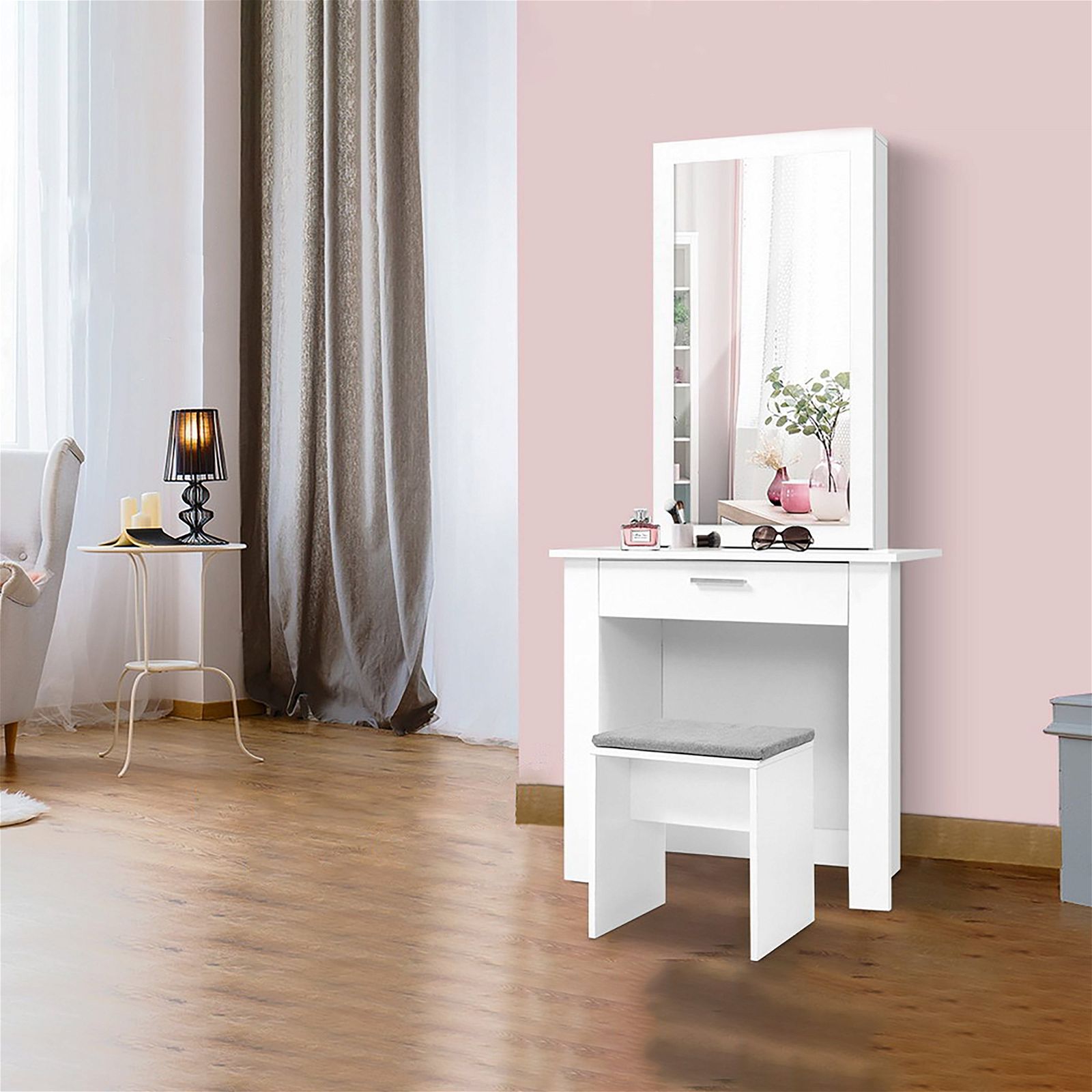 Artiss White Demi Dressing Table Stool Set with Sliding Mirror - Perfect for Bedroom Vanity, Makeup Station & Home Decor