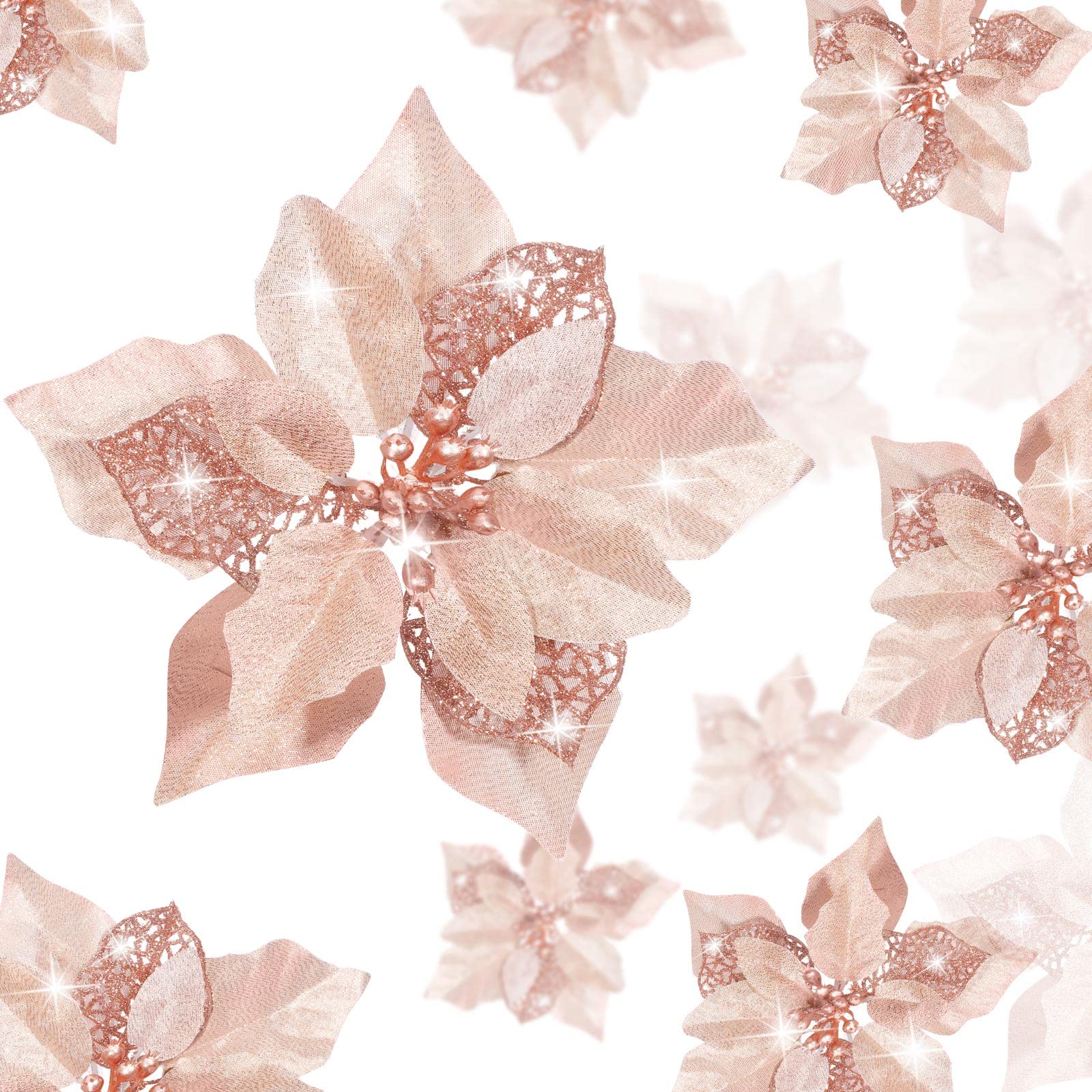 36 Pieces Christmas Poinsettia Glitter Faux Flowers - Rose Gold Artificial Flowers for Xmas Tree Ornaments, Toppers & Holiday Decorations - Perfect for Home, Office, and Party Decor