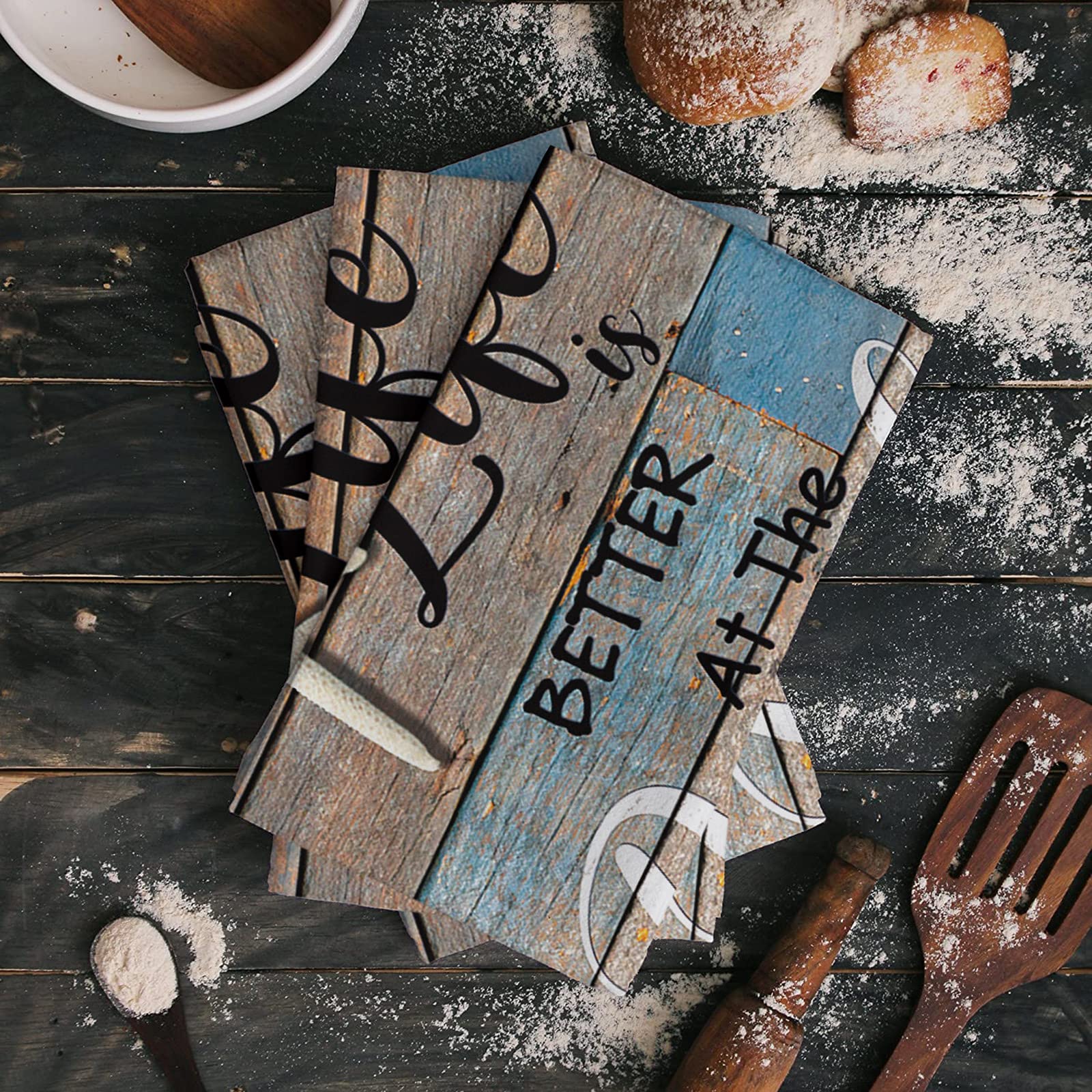 4 Pack Super Absorbent Soft Microfiber Kitchen Dish Towels - Marine Life Starfish Beach Theme, Rustic Wood Grain Design for Kitchen, Bathroom & Bar Use - Perfect for Cleaning, Drying Dishes and Hand Towels