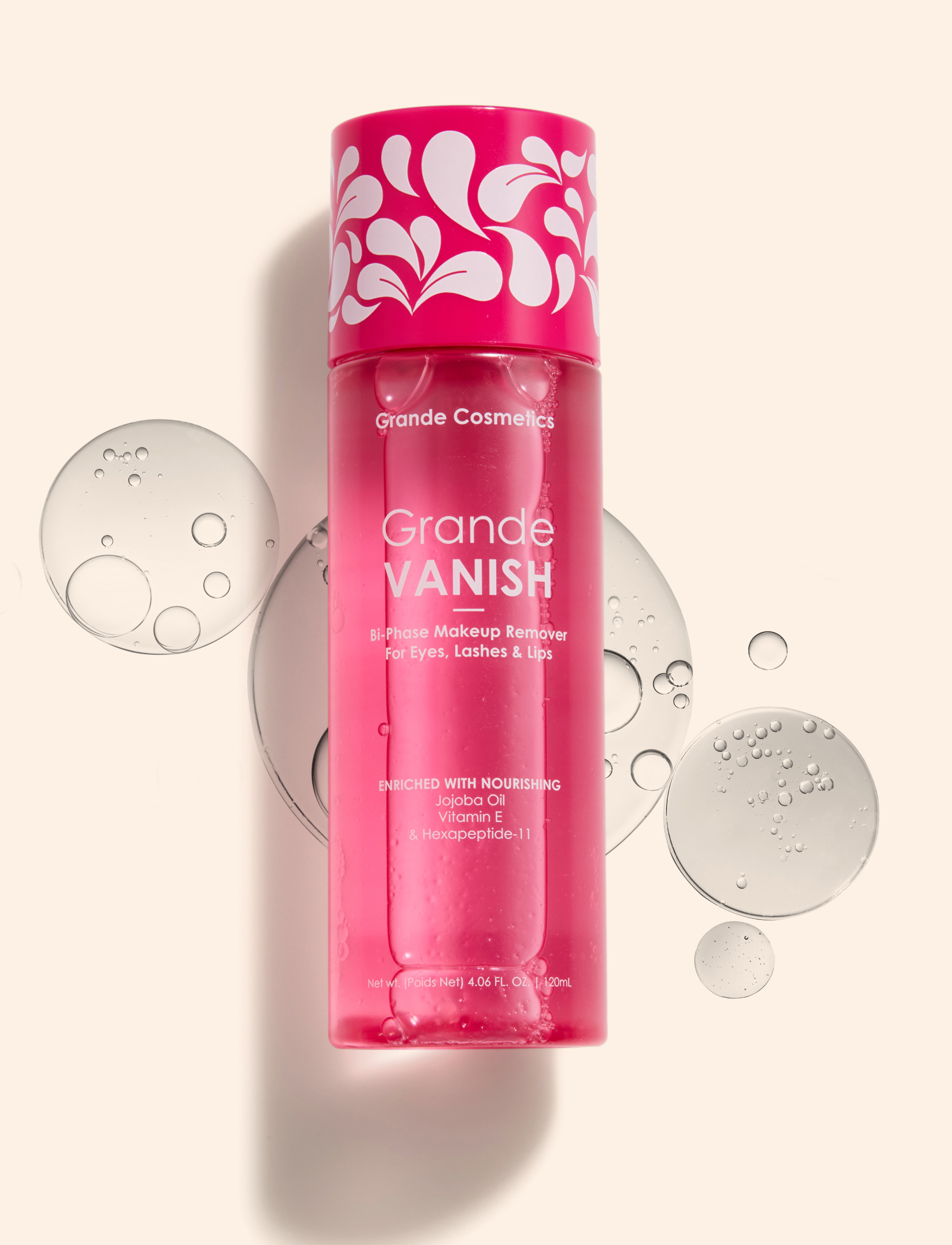 Grande Vanish Bi-Phase Makeup Remover for Eyes, Lashes & Lips - Gentle Waterproof Makeup Remover for Sensitive Skin | Perfect for Nighttime Routine & Travel