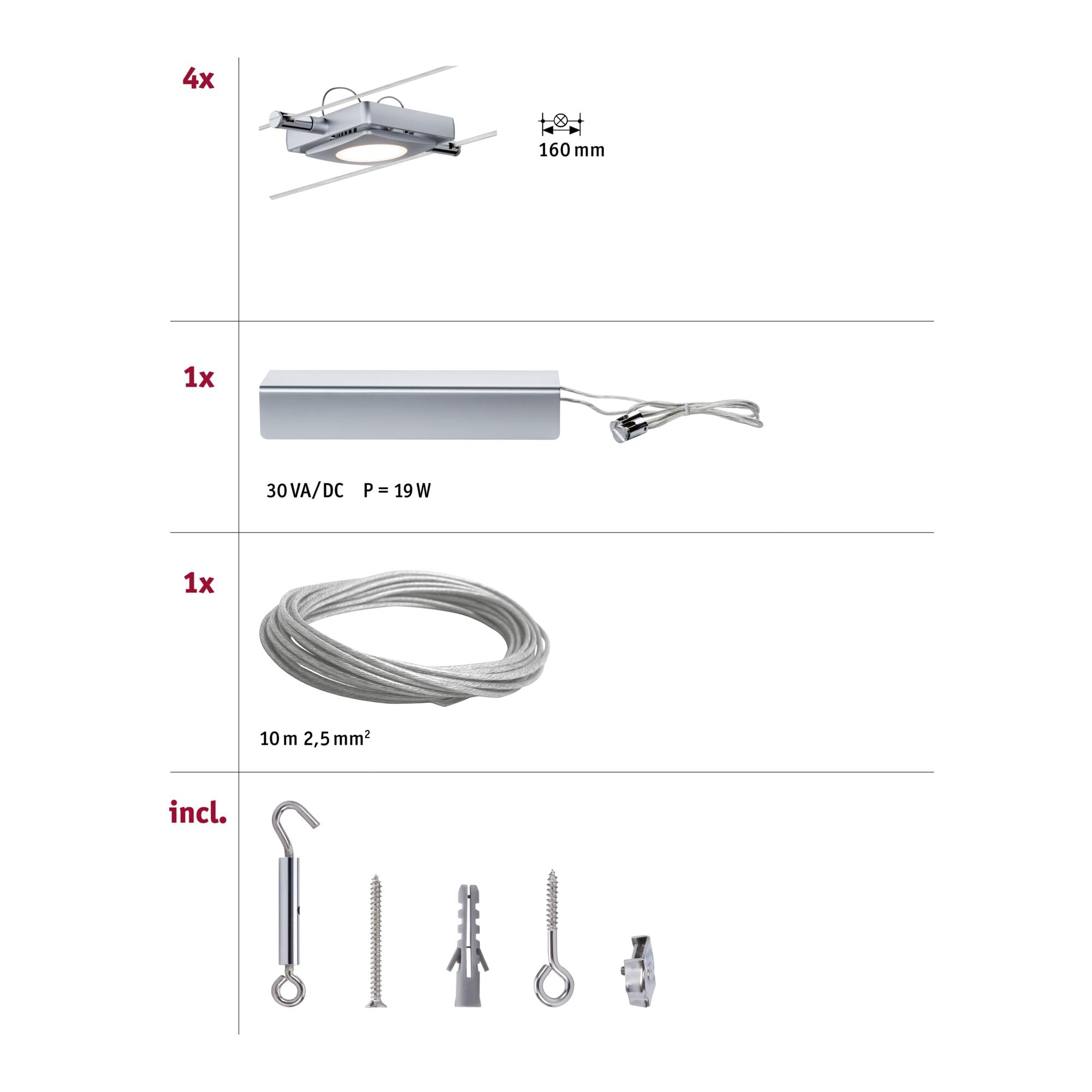 Paulmann 941.07 MacLED Tension Wire Lighting System - 4 Square Spotlights with 10m Cable & Transformer - 16W 2700K Chrome Indoor Ceiling/Wall Lights [Energy Class A+] - Perfect for Modern Homes, Retail Displays & Gallery Lighting