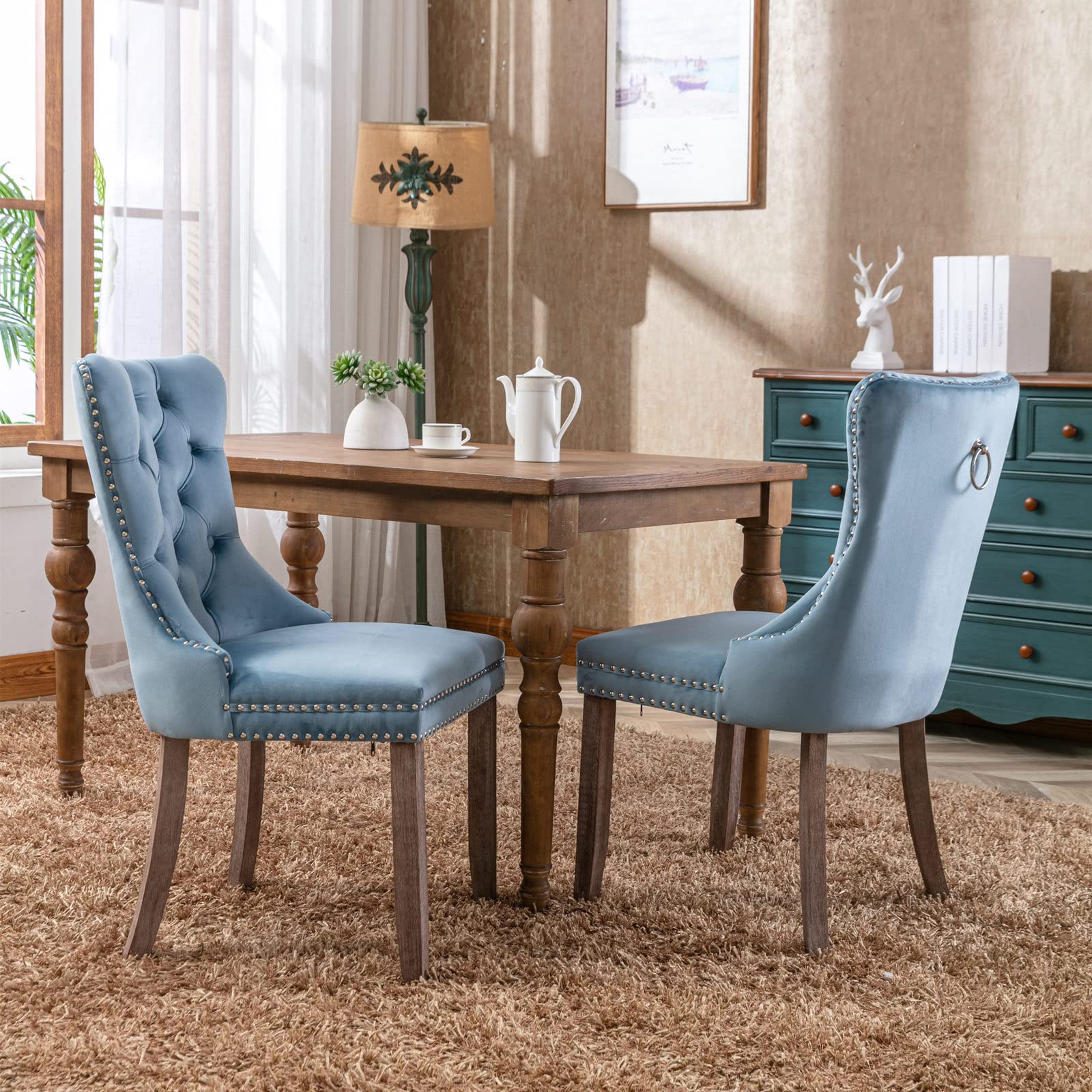 Goujxcy Set of 2 Velvet Tufted Upholstered Dining Chairs with Solid Wood Frame & Nailhead Trim - Light Blue Accent Chairs for Living Room, Bedroom & Coffee Area - Elegant High Back Seating for Dining & Leisure