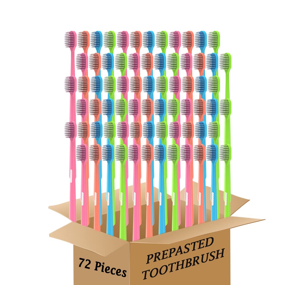 72 Pack Soft Bristle Disposable Toothbrushes for Adults - Colorful Prepasted Travel Toothbrushes in Individual Packaging | Perfect for Hotels, Camping, Air Travel & Emergency Kits